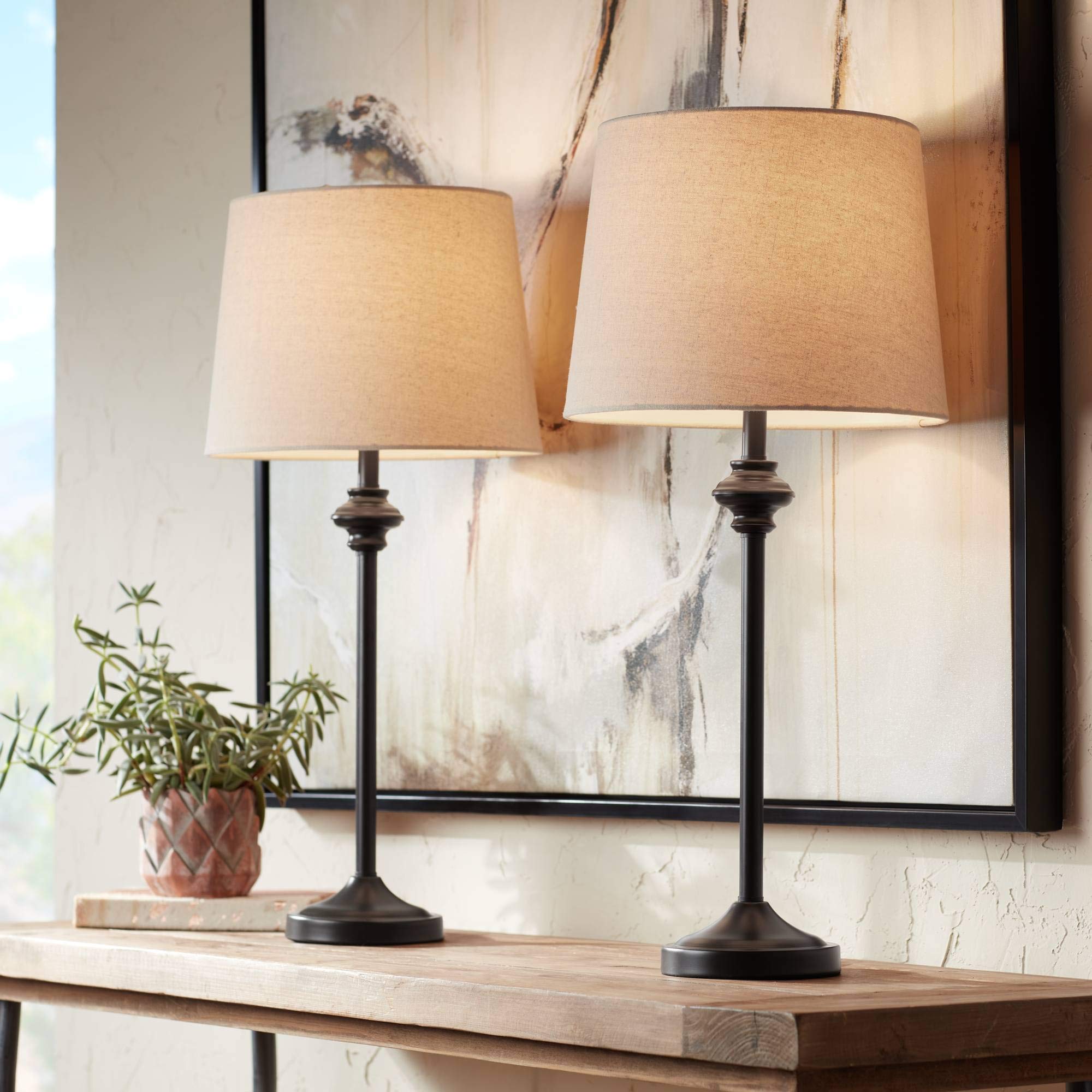 360 Lighting Lynn Modern Industrial Buffet Table Lamps 26" Tall Skinny Set Of 2 Dark Bronze Brown Metal Oatmeal Fabric Drum Shade For Living Room House Home Dining Office Entryway Family Decor