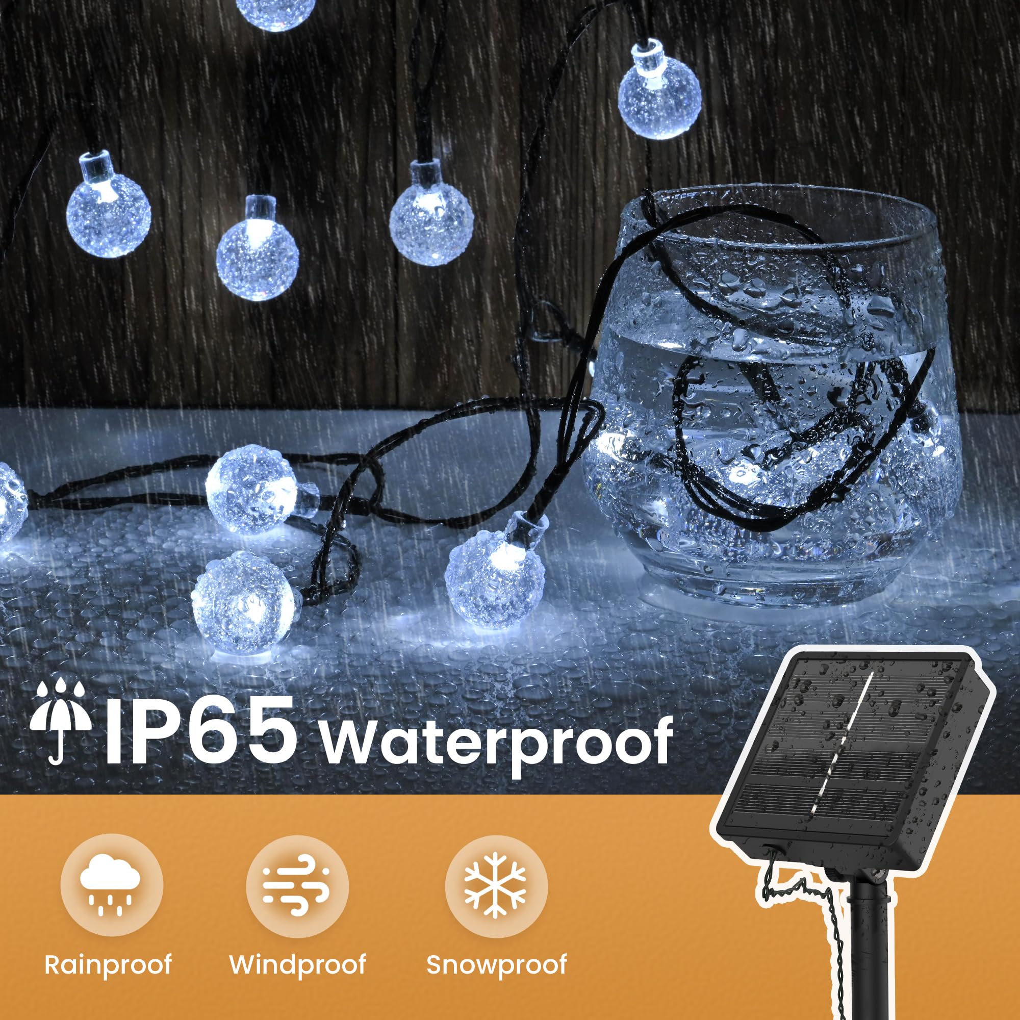 Domihue Solar Lights Outdoor Waterproof, Total 36 Ft 60 Leds Crystal Globe Lights With 8 Modes, Solar String Lights For Outside, Patio Porch Garden Yard Christmas Wedding Party Decor (Cool White)