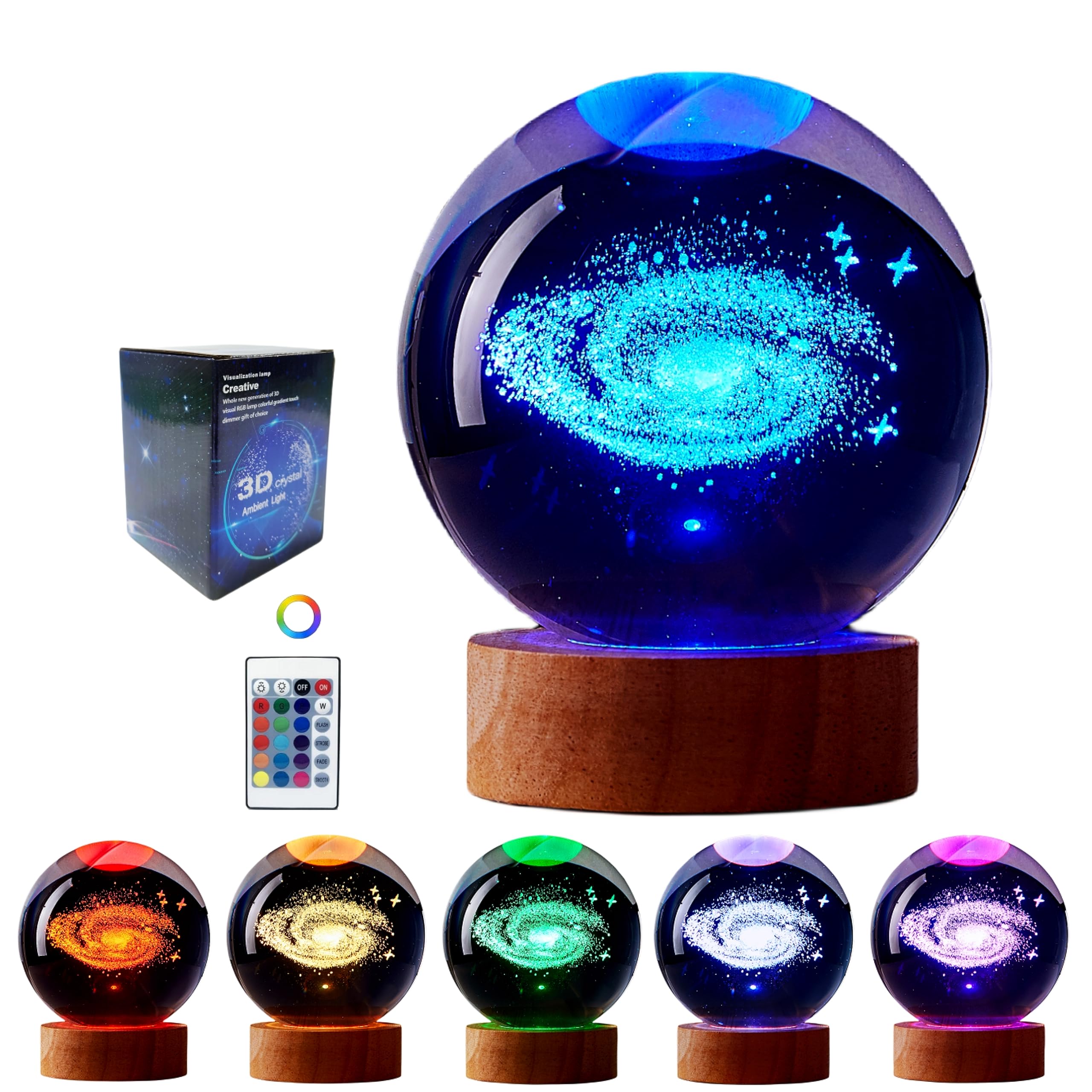 Chickenegglamp 3D Galaxy Crystal Ball Lamp,3.15 Inch Glass Ball Galaxy Light,16 Colors Change With Remote Control,Galaxy Lamp With Wooden Base,Galaxy Night Light  For Friends (Galaxy)