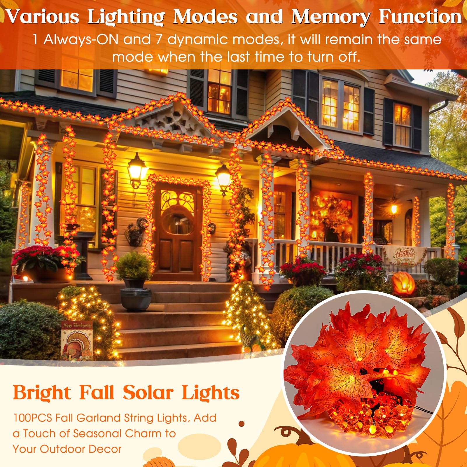 Reyeeinc Fall Solar Lights Outdoor Decorative, 39Ft 100 Leds And 8 Modes Solar Lights Thanksgiving Decorations Outdoor Maple Pumpkin String Garland For Autumn Outside Garden Harvest Party Halloween Decor