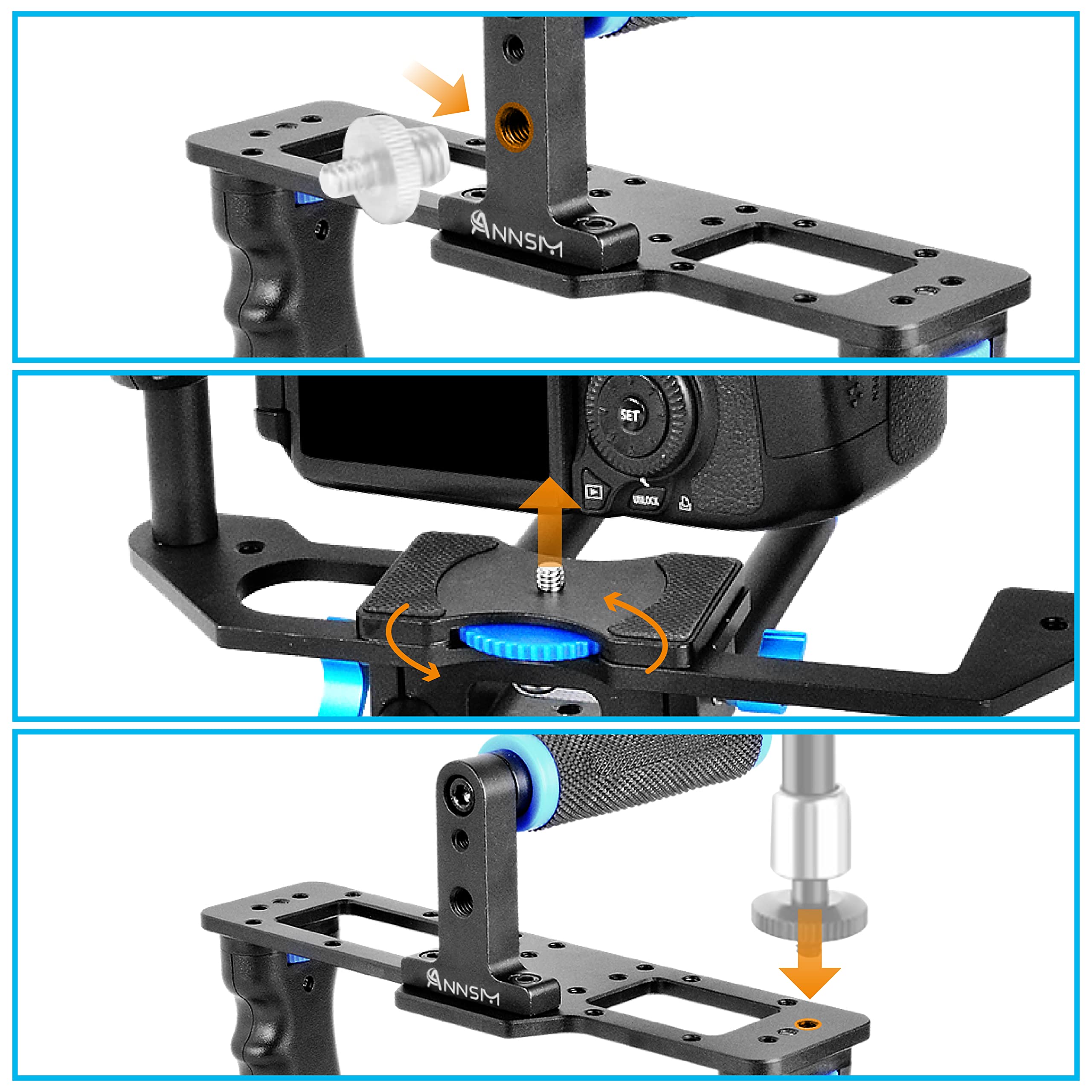 Annsm Camera Cage Aluminum Movie Filmmaking Video Rig With Top Handle/Dual Side Grips/And Std 15Mm Rail Rods For Canon Eos R5C R5 R6 Sony A7 Series A6600 Nikon