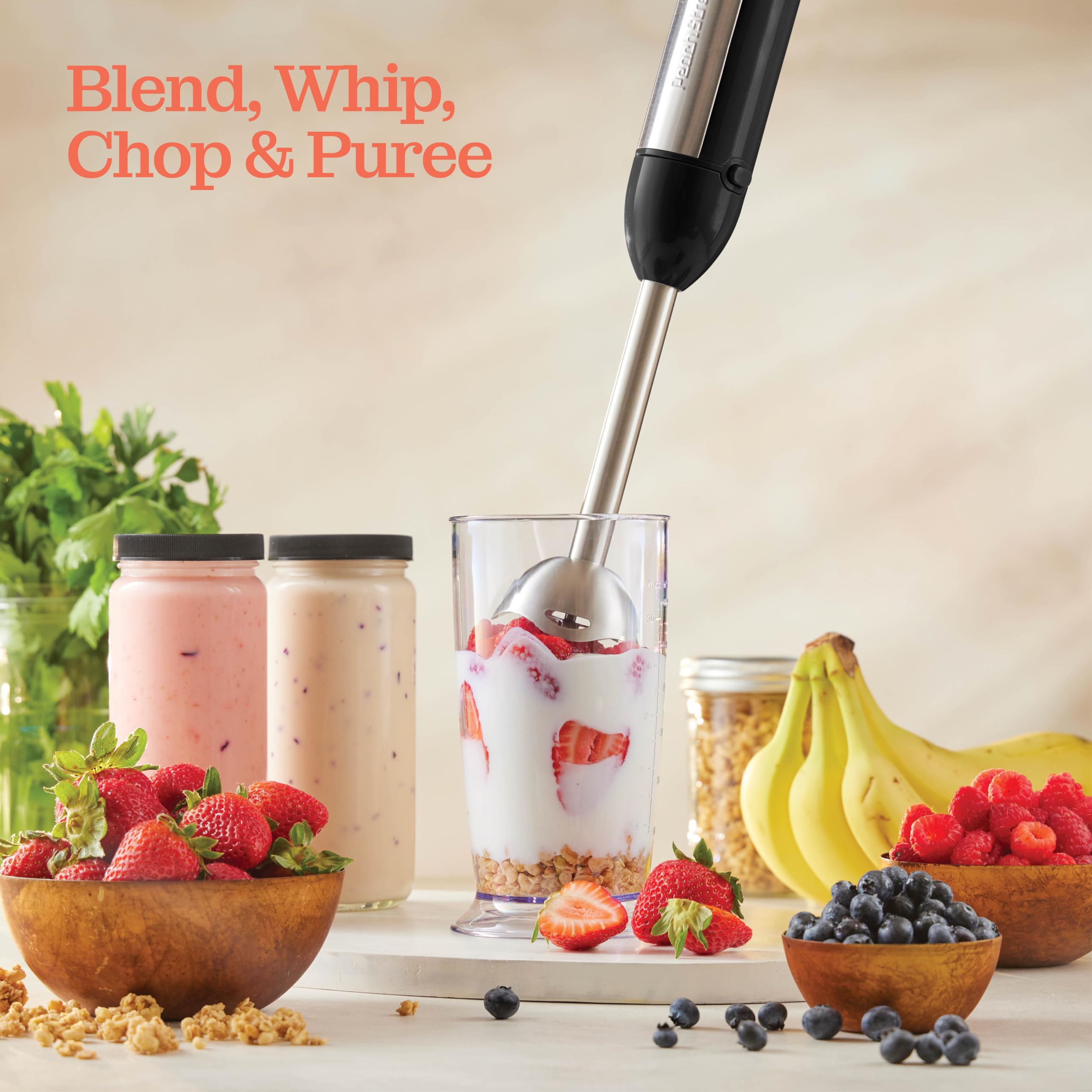 Peach Street Powerful Immersion Blender, Electric Hand Blender 500 Watt With Turbo Mode, Detachable Base. Handheld Kitchen Gadget Blender Stick For Soup, Smoothie, Puree, Baby Food, 304 Stainless Steel Blades