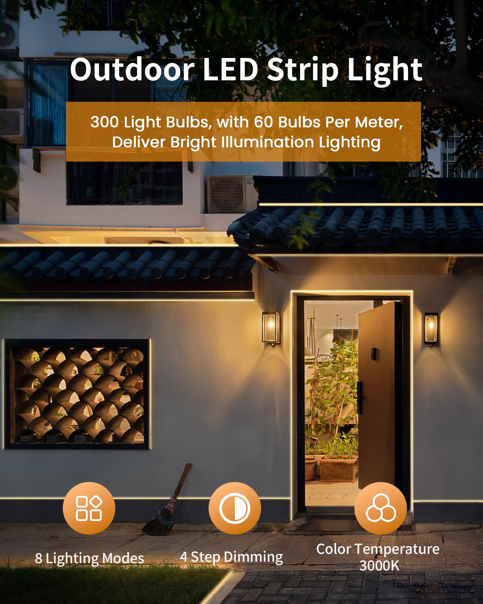 Raylume Solar Led Strip Lights Outdoor 16.4 Ft, 300 Led String Lights With Remote,8 Lighting Mode Auto On Or Off Solar & Usb Powered Rope Lights Ip66 Waterproof For House, Garden, Deck, Patio, Step Decoration