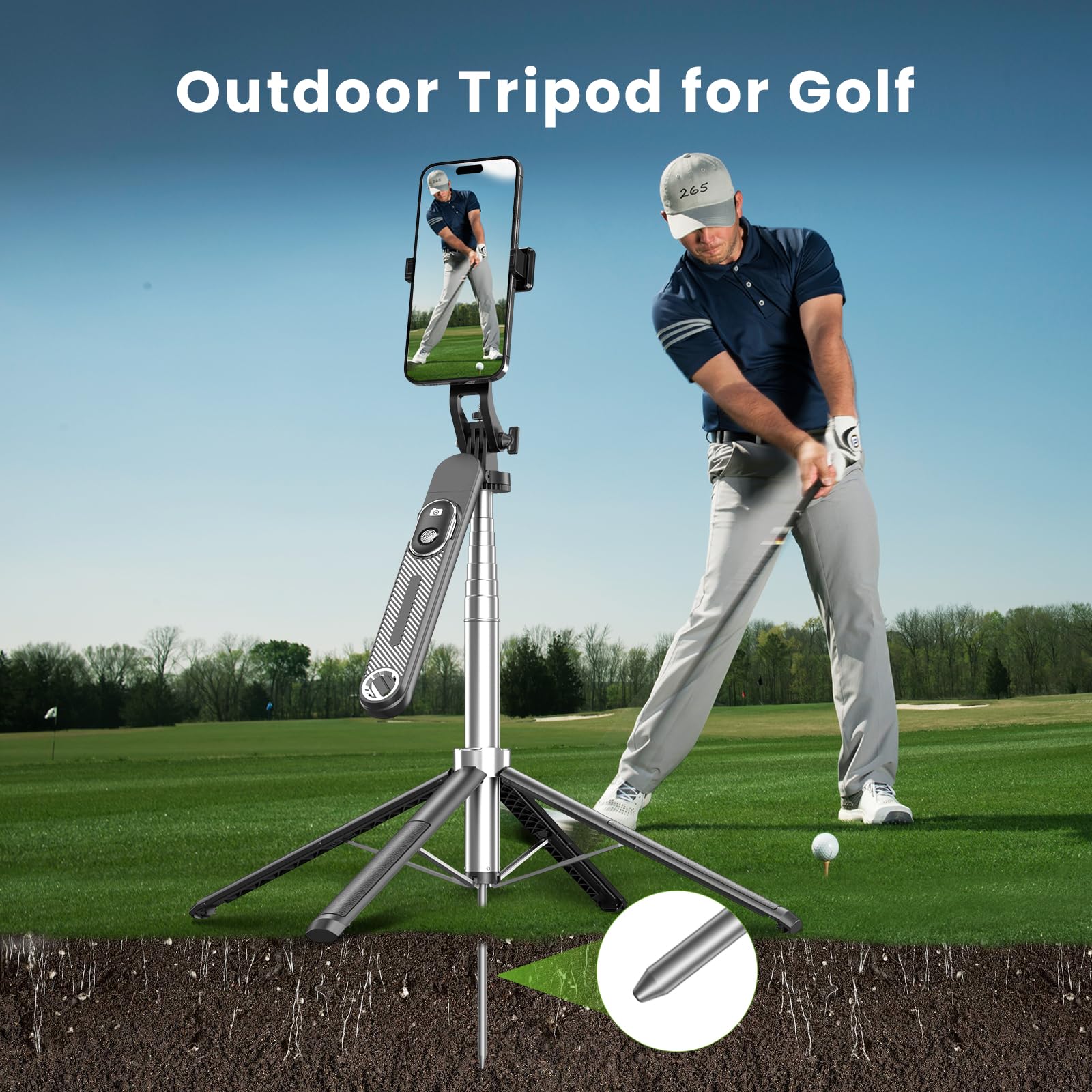 Linber 71" Phone Tripod With Stake, Portable Selfie Stick With Detachable Wireless Remote, 360° Rotatable Handle, Lightweight Tall Travel Tripod For Golf, Outdoor Use
