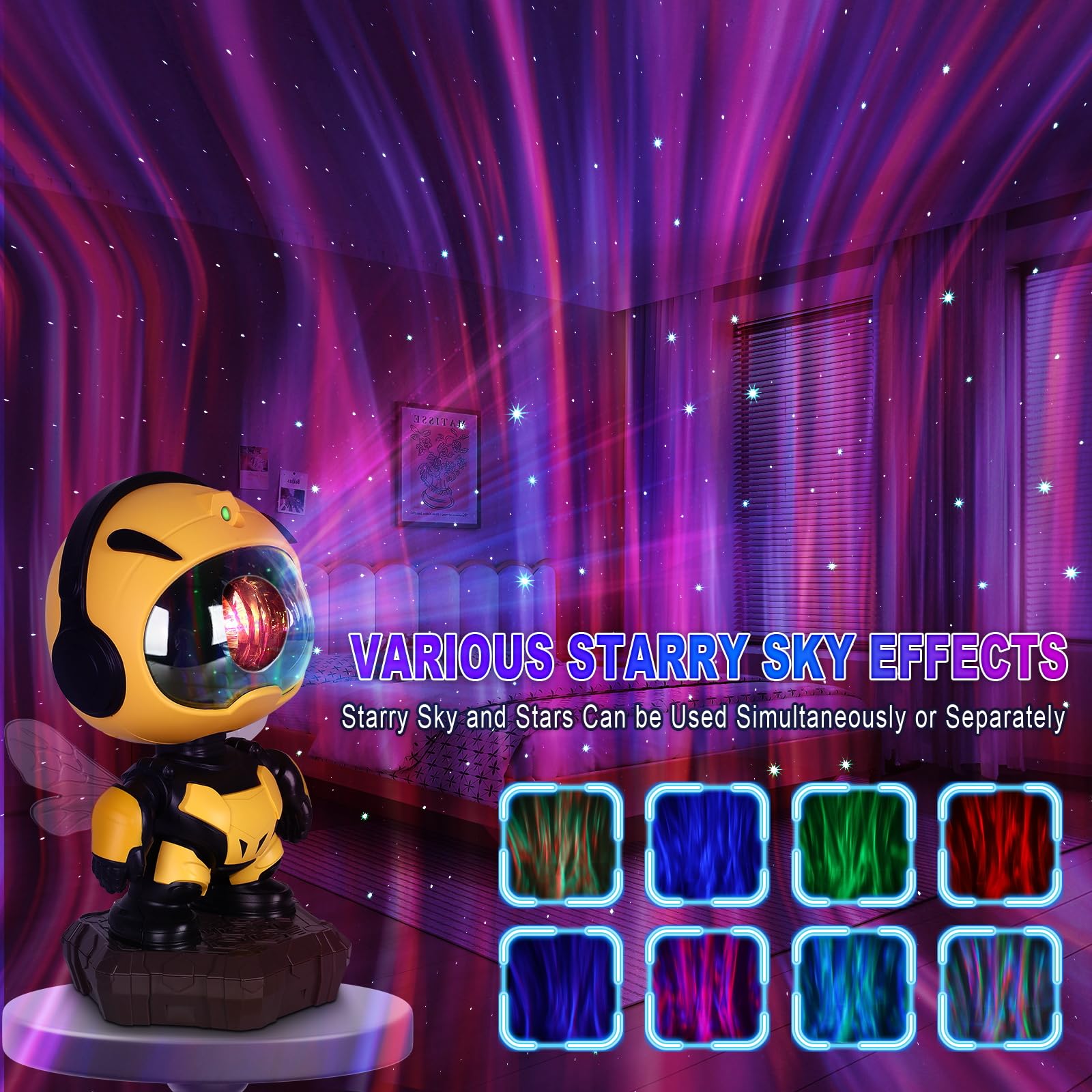 Poptrend Star Galaxy Night Light Projector For Kids Bedrooms -Star Projector- Little Bee Projector Lamp- Galaxy Projector With Timing And Remote Control Functi
