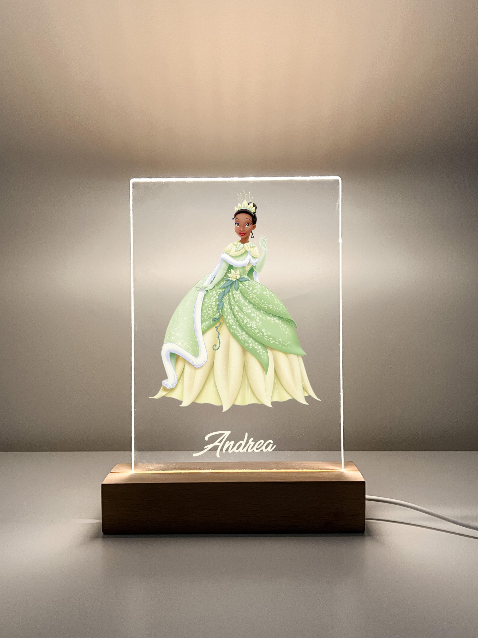 Mirror Mania Tiana Frog Premium Wood Base Stand Soft Night Light Up Table Desk Lamp Led Princess Sign Personalized Engraved With Your Name On It, Made To Order Home Girls Room Decor, A Must Have