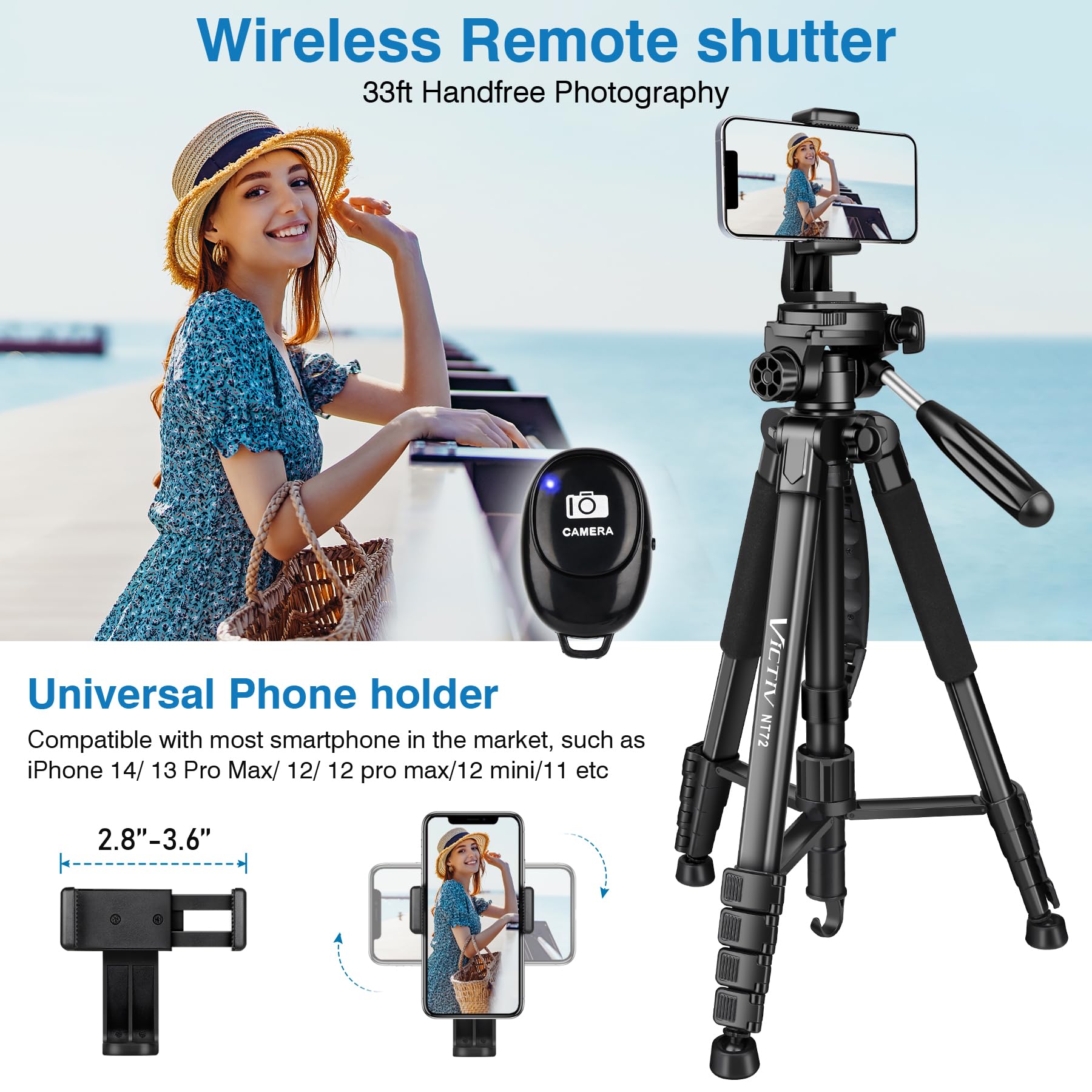 Victiv Tripod For Camera, 72" Tall Camera Tripod Monopod With Remote, Professional Heavy Duty Compact Camera Stand For Phone,Dslr, Spotting Scope, Telescope, Binocular