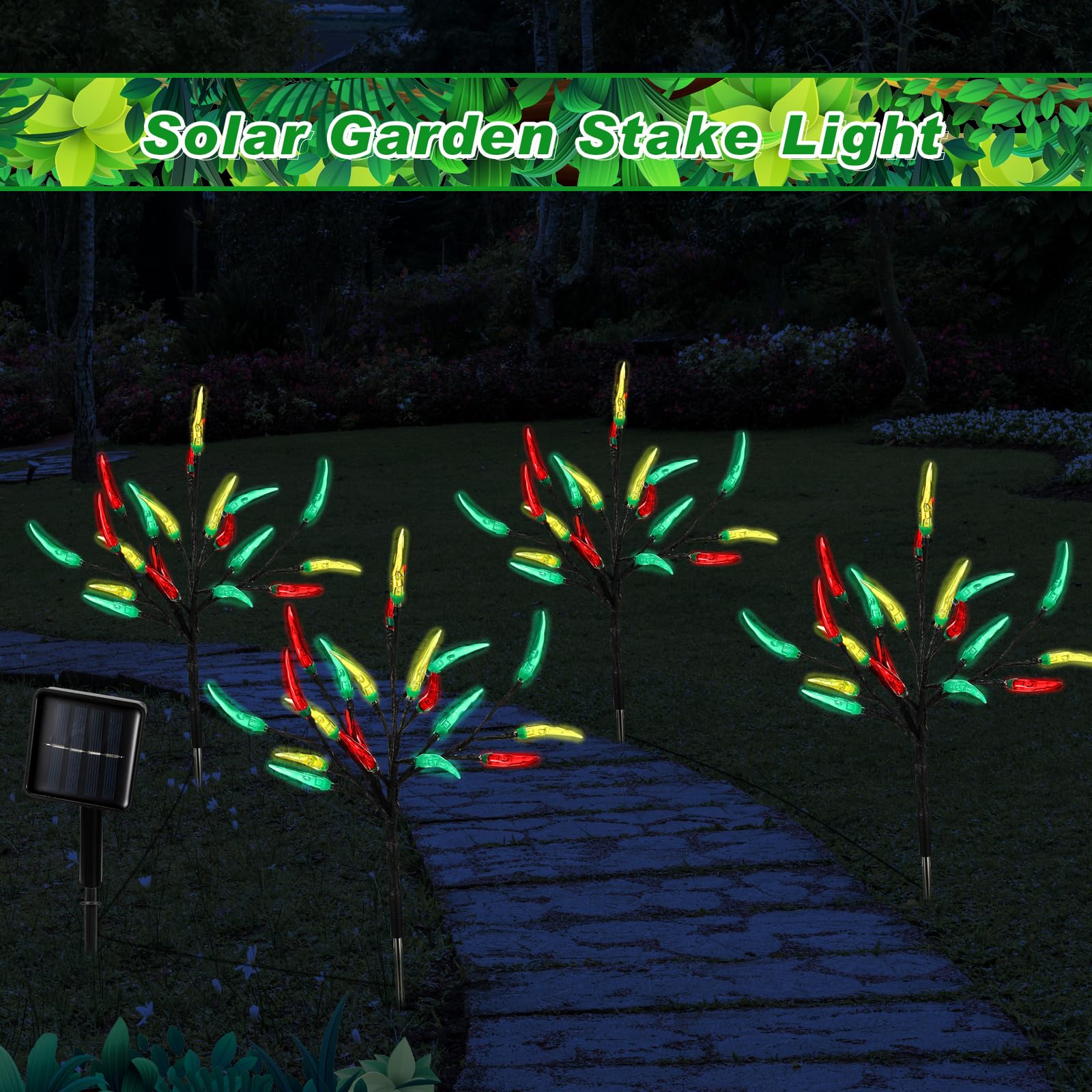 Rossesay 4 Pack Solar Chili Pepper Lights Cinco De Mayo Party Decorations 80 Led Red Green And Yellow Solar Stake Landscape Lights For Outdoor Garden Yard Pathway Summer Party Decor