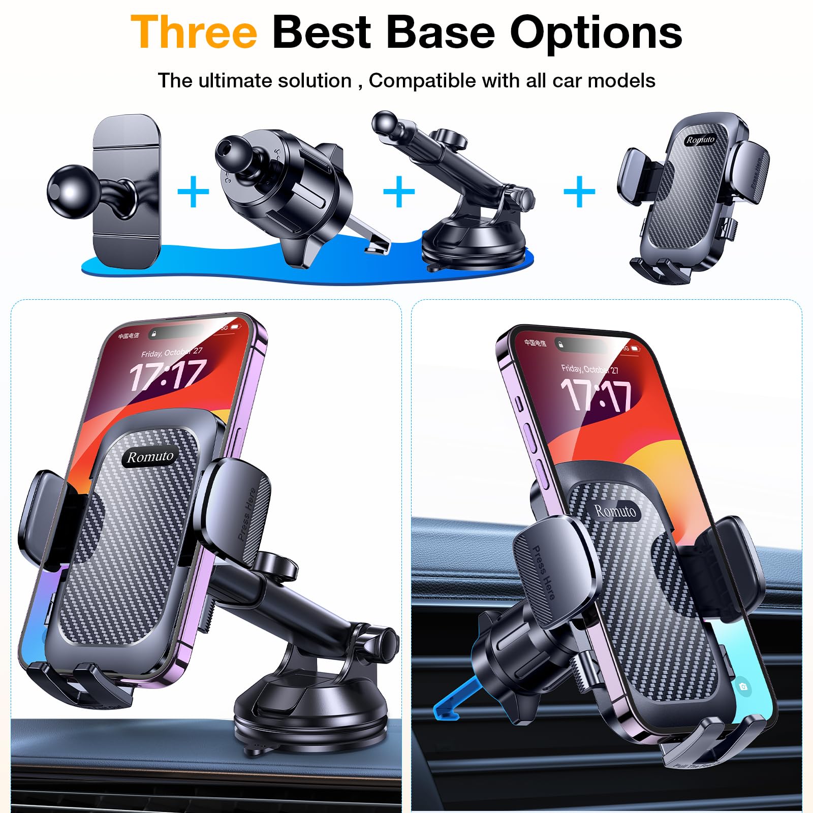 Romuto Phone Holders For Your Car【 Strongest Suction】Car Phone Holder Mount Dash【360° Adjustable】Suction Cup Phone Mount For Truck Stand Cell Phone Holder For Car Mount Fit All Iphone Car Accessories