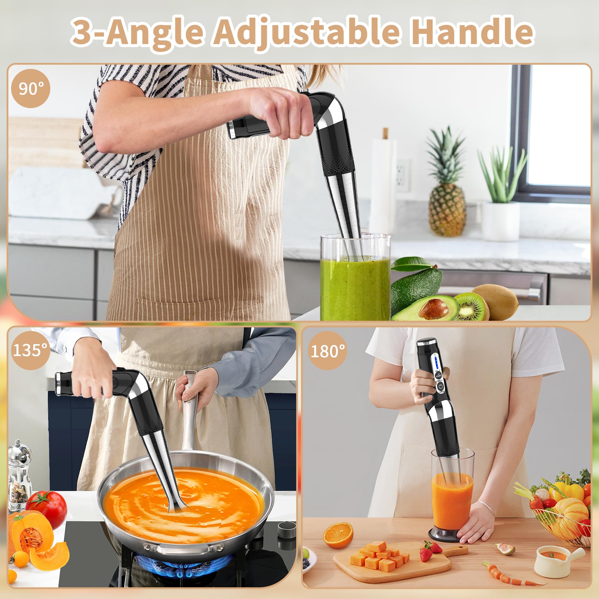 Toogel Cordless Immersion Blender Handheld: Powerful Rechargeable Electric Hand Blender, 21-Speed & 3-Angle Adjustable With Stainless Steel Blades For Milkshakes, Smoothies, Soup, Puree, Baby Food (Black)