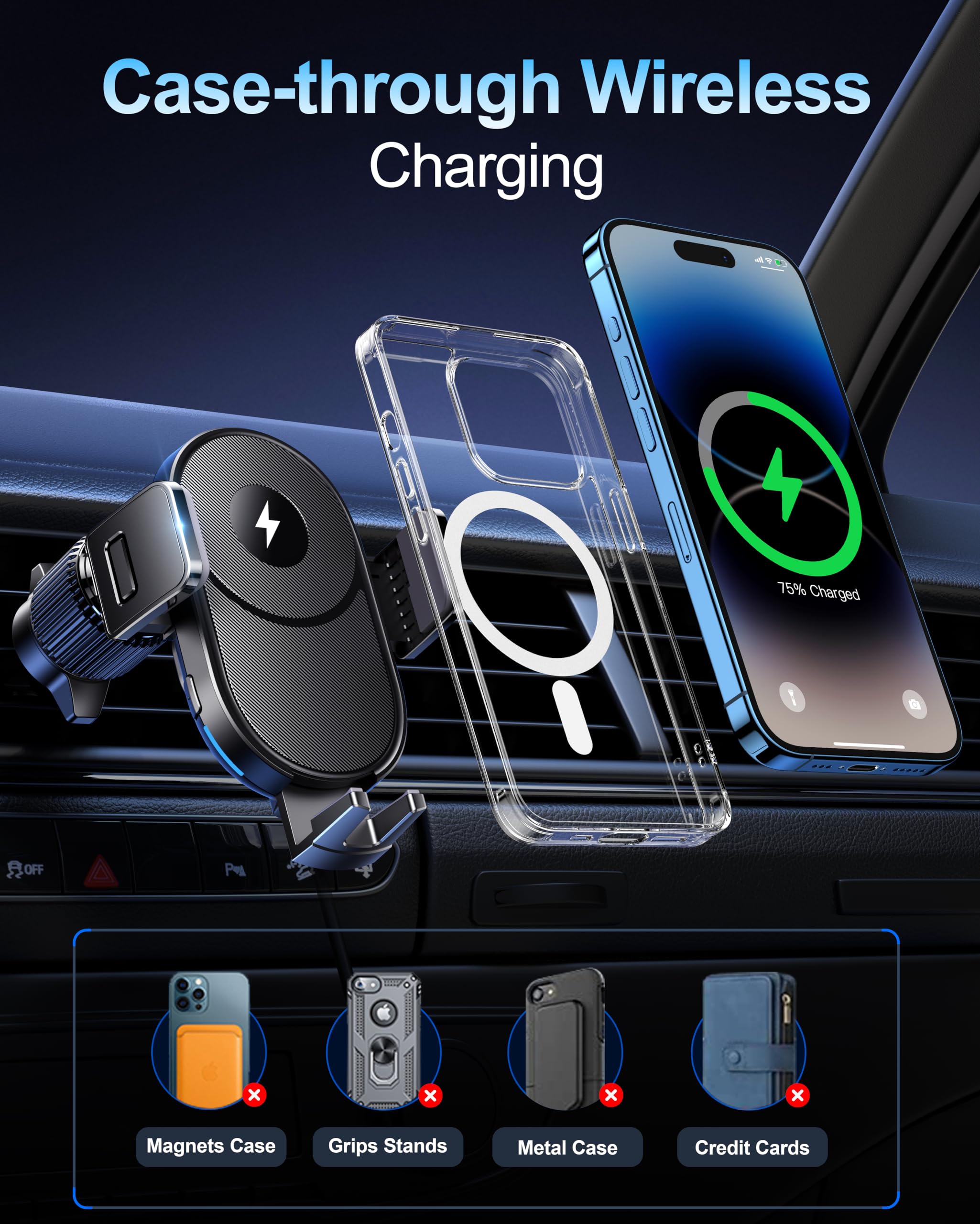 Guceful Wireless Car Charger, 15W Fast Charging Auto Clamping Car Phone Holder Wireless Charger Air Vent Car Phone Mount Fit For Iphone 15 14 13 12 Mini Pro Max 11 Xr Xs X, Samsung Galaxy S23 S22 S21+