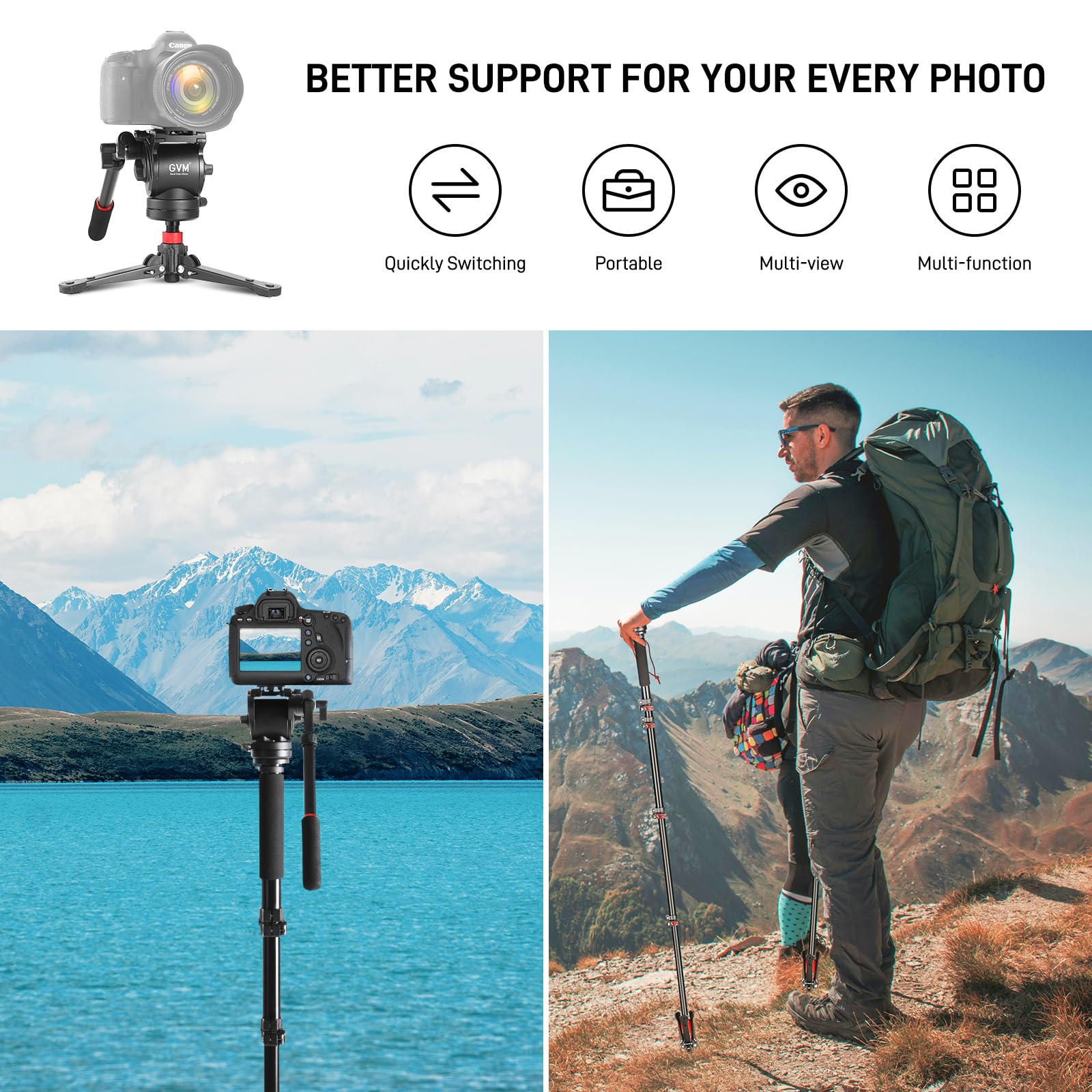 Gvm Great Video Maker Gvm Tripod For Camera 74.8" Tall Camera Tripod Monopod, Professional Heavy Duty Compact Camera Stand For Phone Adjustable Multi-Angle Shot For Video Recording Dslr, Spotting Scope Telescope Binocular
