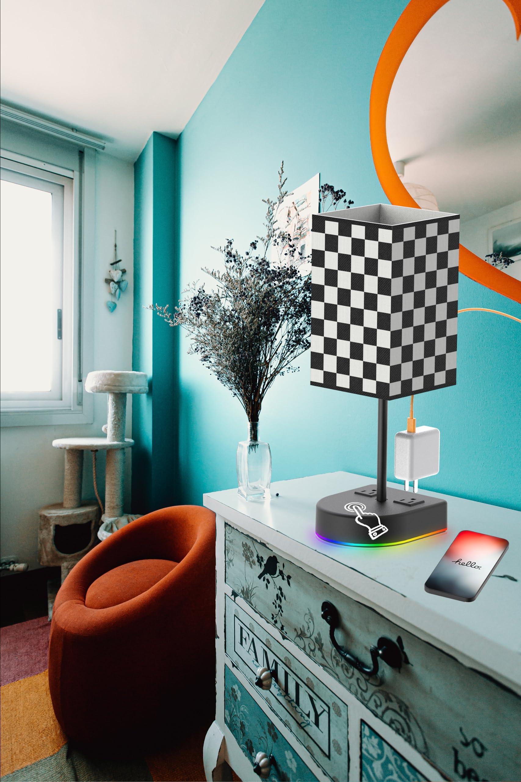 Bgmutcx Touch Control Bedside Table Lamp With 12W Led Light Bulb And Chess Board Fabric Shade,2 Ac Outlet, 3 Color Modes,For Bed Room/Nightstand/Office/Living Room Guest Room