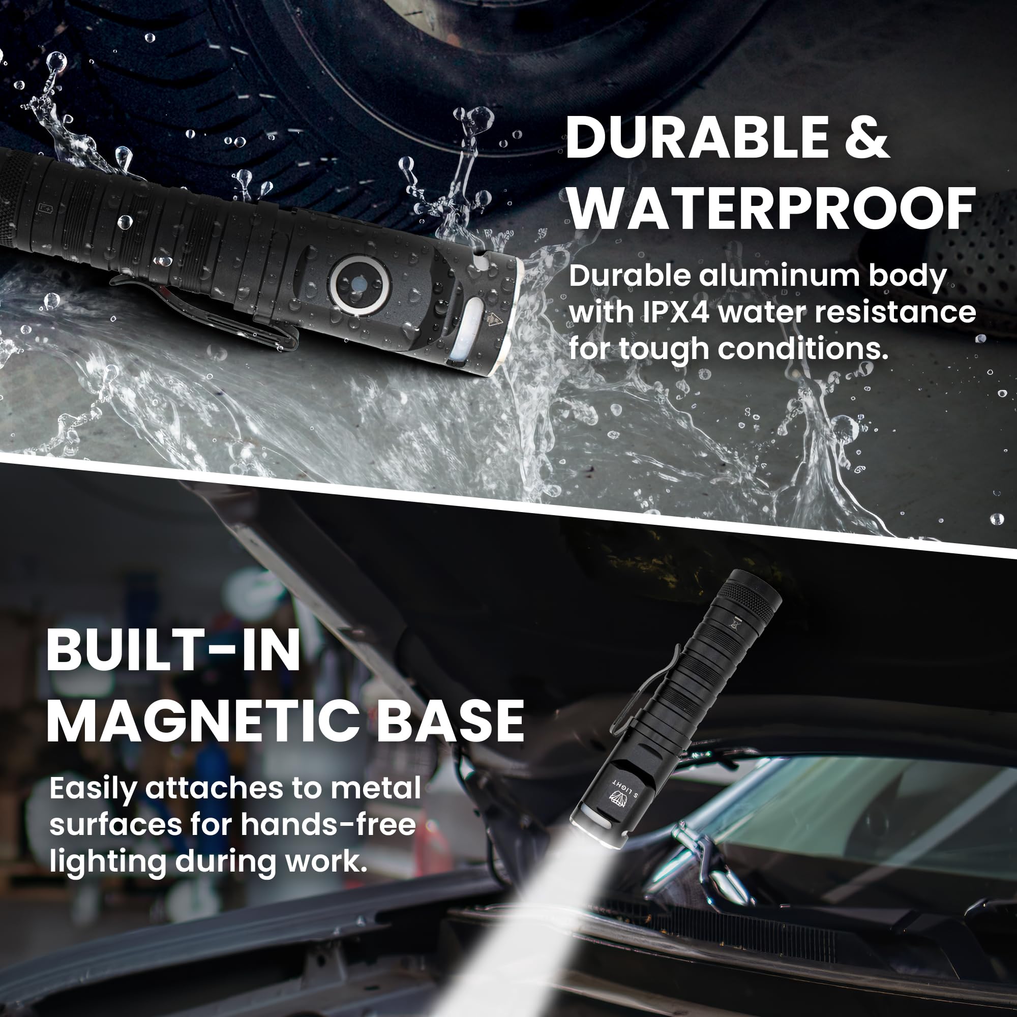 S Light Rechargeable Utility Flashlight, 1400Lm Magnetic Base Led Light With Right Angle Head, Pocket Flashlight For Work, Camping & Emergency, High Lumens, Durable & Water-Resistant