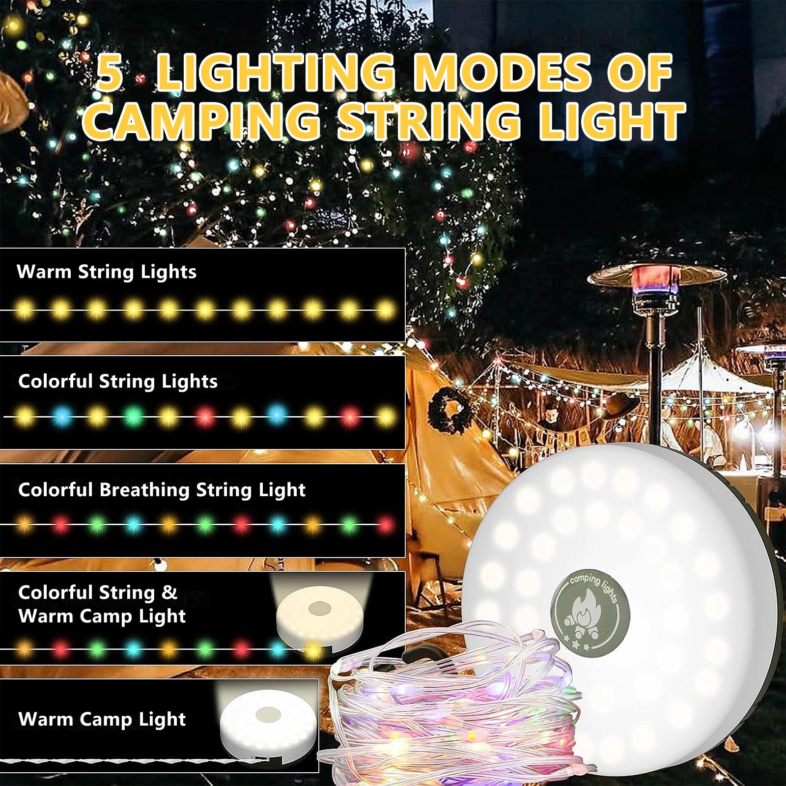 Yavozokl Rechargeable Solar Camping Lights - 32.8Ft Waterproof Led String Lights With 5 Modes, Quick 30S Recovery, Easy Roll-Up For Tents, Patios, Festivals,Enhances Camping Atmosphere