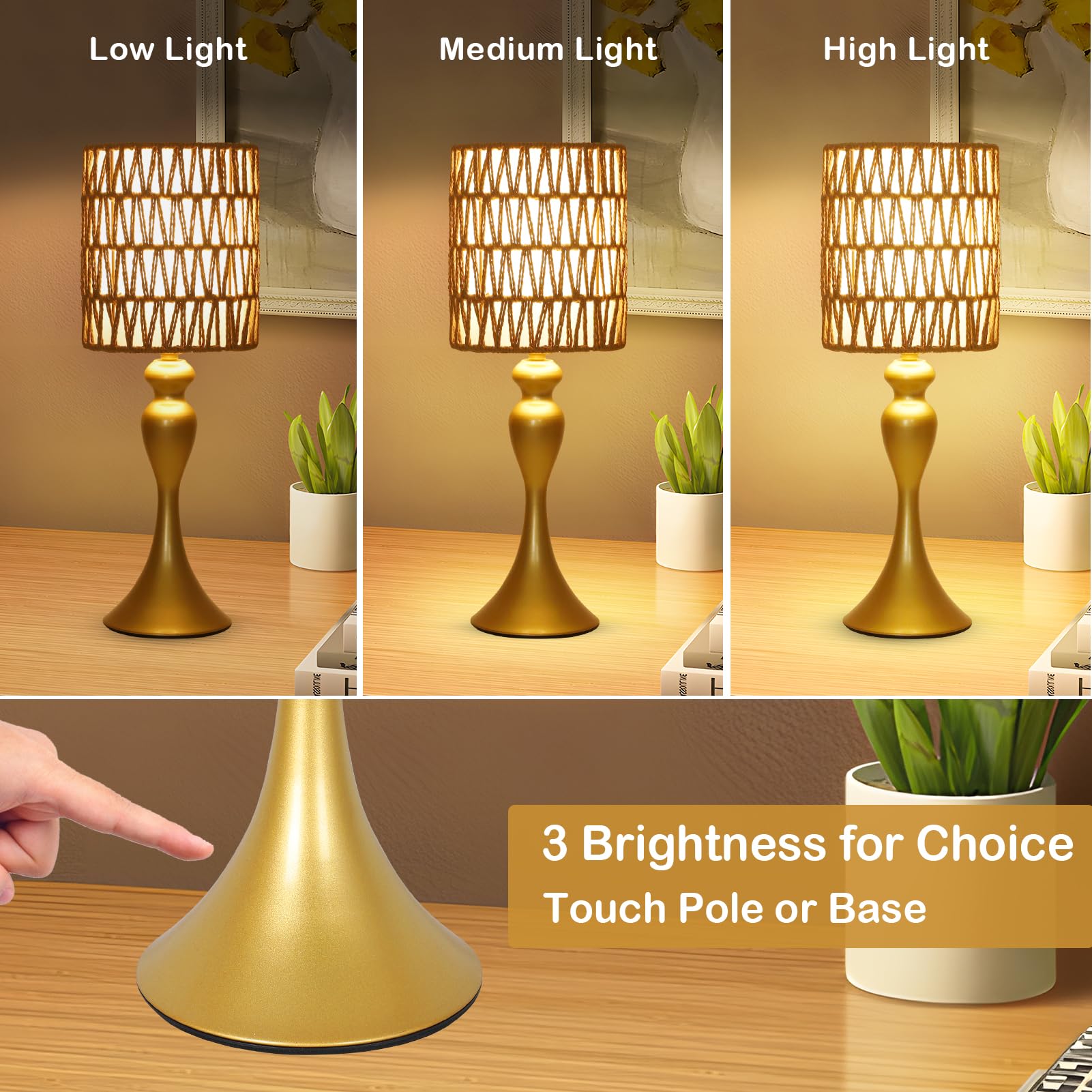 Eayaya Rattan Gold Table Lamp For Bedroom With Bulb, Boho Lamp For Night Stands, 3-Way Dimmable Touch Control Bedside Lamps, Mini Small Desk Lamp With Fabric Shade, Accent Side Table Lamp, Nightstand Lamp