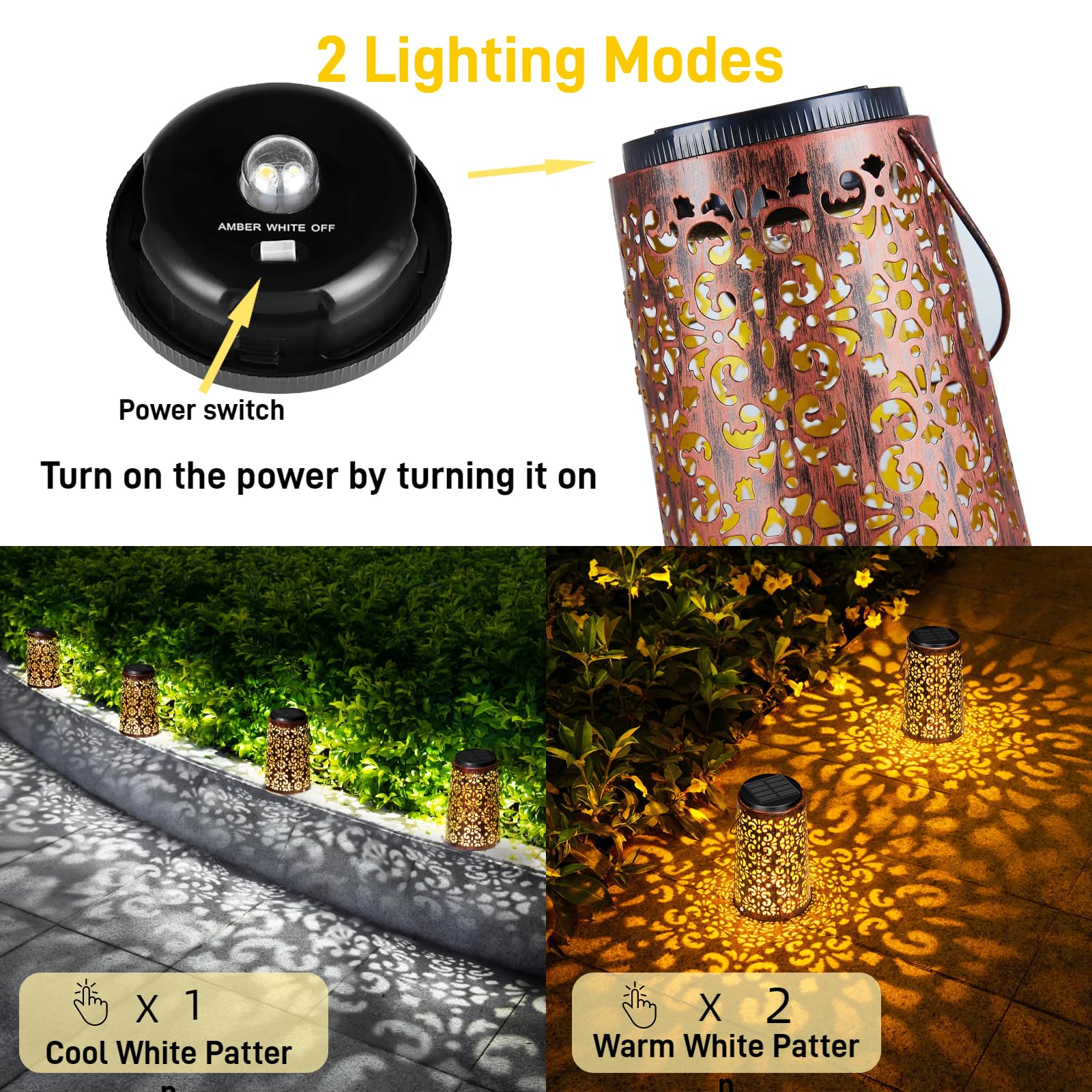 Molebit 4 Pack Solar Hanging Lanterns Outdoor, 2 Modes Adjustable White & Warm Light, Auto On/Off Metal Waterproof Solar Lights For Patio Garden Wall & Tabletop Decor
