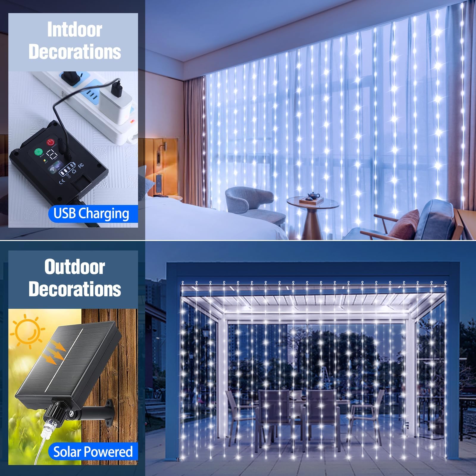 Mdedl Solar Curtain Lights 600 Led Outdoor Waterfall String Lights Waterproof 8 Modes Remote Type C Charging Hanging Twinkle Fairy Lights Dimmable For Christmas Gazebo Party Wedding Window