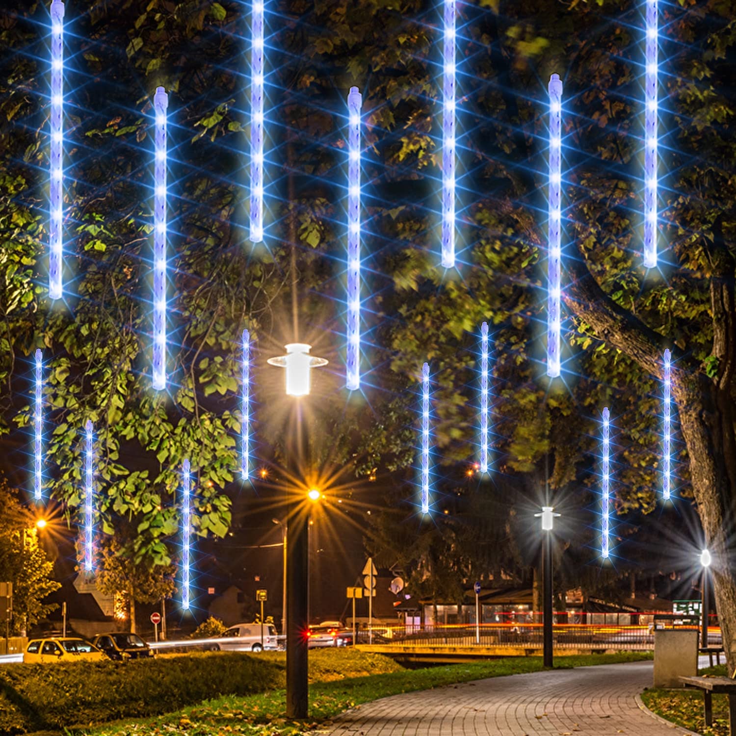 Dazzle Bright Christmas Lights Outdoor, 288Led Meteor Shower Rain Lights 12 Inch 8 Tubes, Waterproof Plug In Falling Icicle Light Christmas Decorations For Xmas Tree Yard House Decor (Blue)