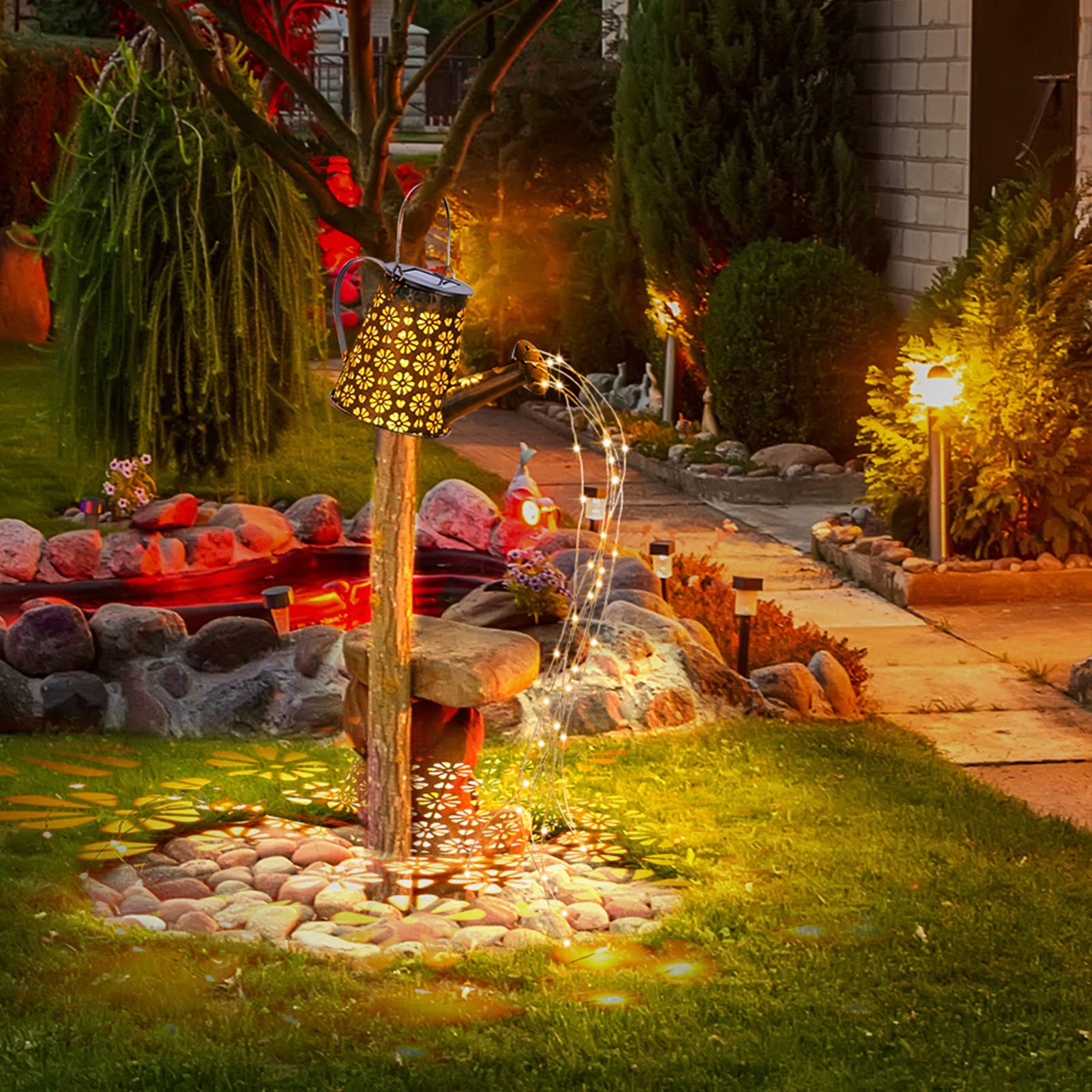 Sitiepa Solar Watering Can With Cascading Lights, Adorable Outdoor Hanging Solar Lantern, Durable Metal Waterproof Garden Lights Cute Addition For Garden Yards Rose Bush Patio Pathway Party