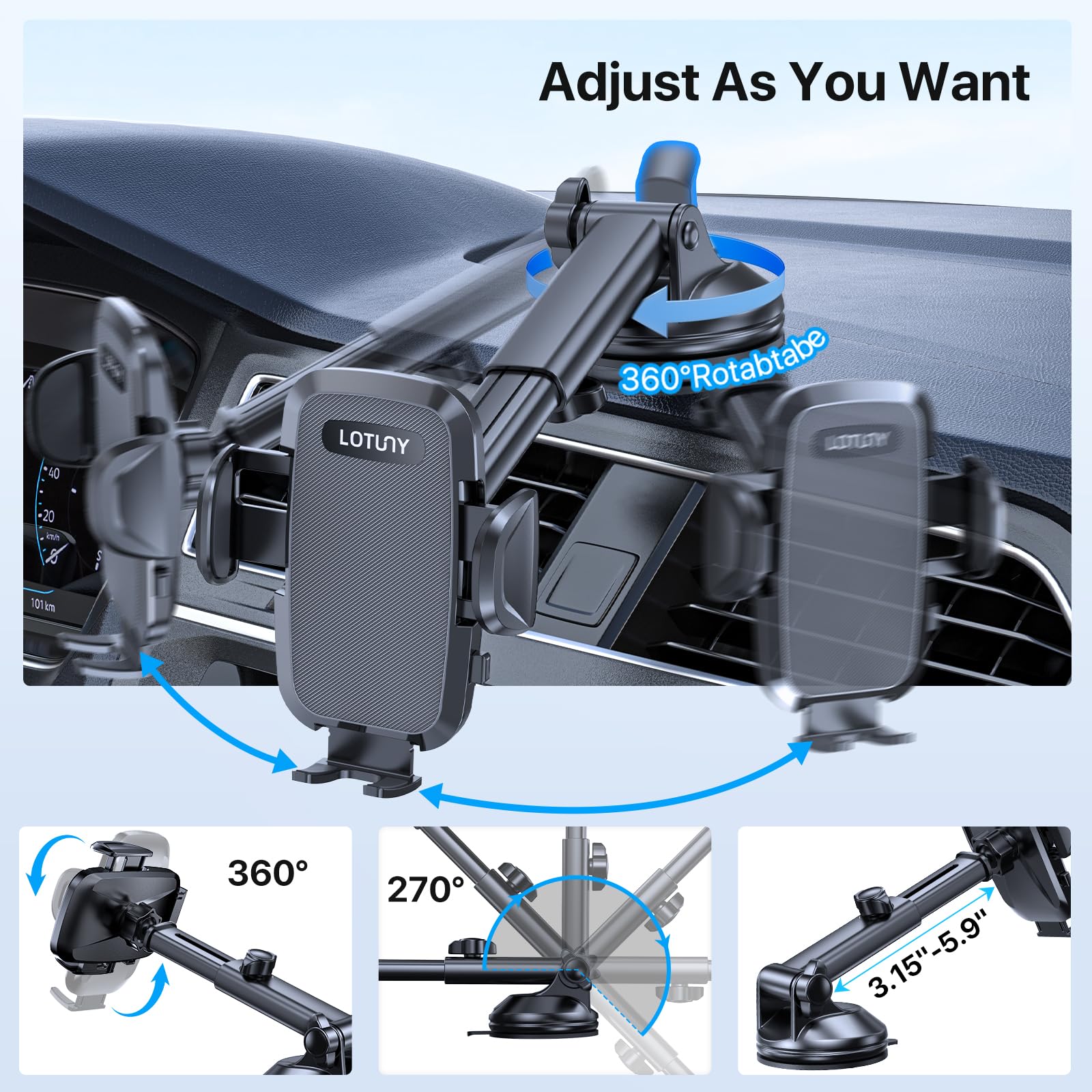 Lotuny Phone Holders For Your Car,  Rotatable Base Phone Holder For Car Dashboard Windshield, Universal Cell Phone Holder Automobile Cradle For Iphone Samsung Google And All Smartphones