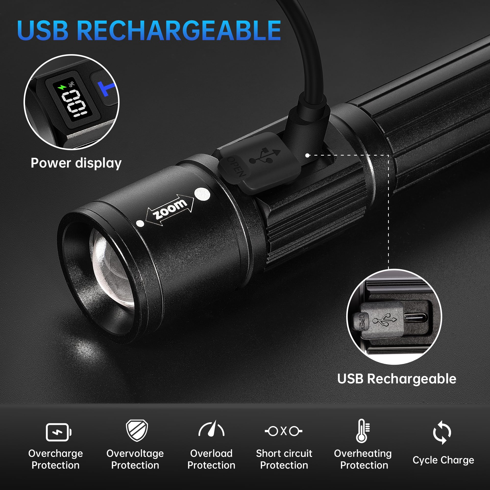 Trixhub Rechargeable Flashlights High Lumens, 950,000Lm Super Bright Flash Light, 5 Modes Zoomable Linternas With Lcd Digital Display, Powerful Handheld Led Flashlights For Emergencies Camping