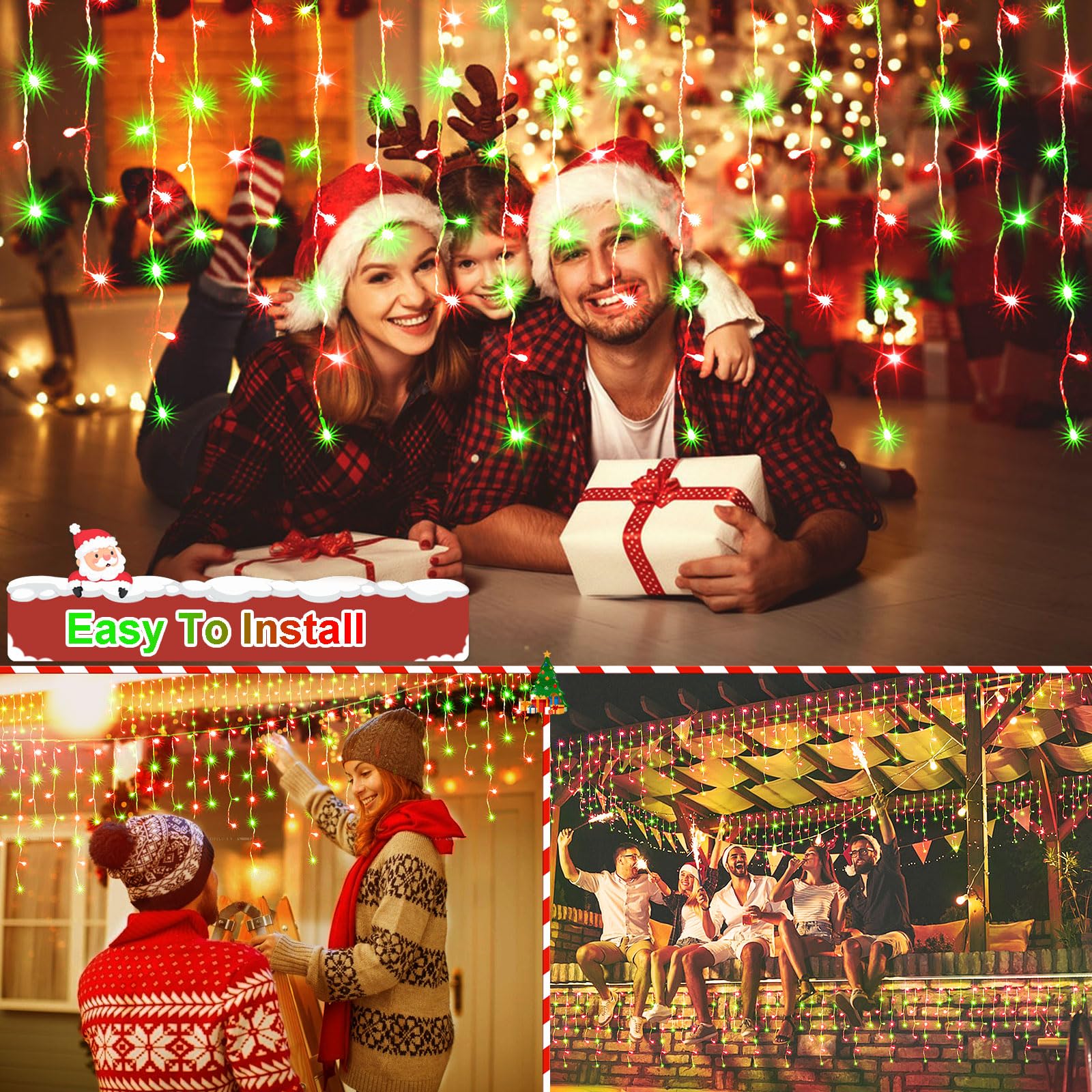 Jxledayy 65 Ft 640 Led Christmas Lights Outdoor Decorations Clear Wire String Lights Plug In 120 Drops 8 Modes Memory Timer Curtain Fairy Lights Waterproof For Holiday Wedding Party-Red And Green