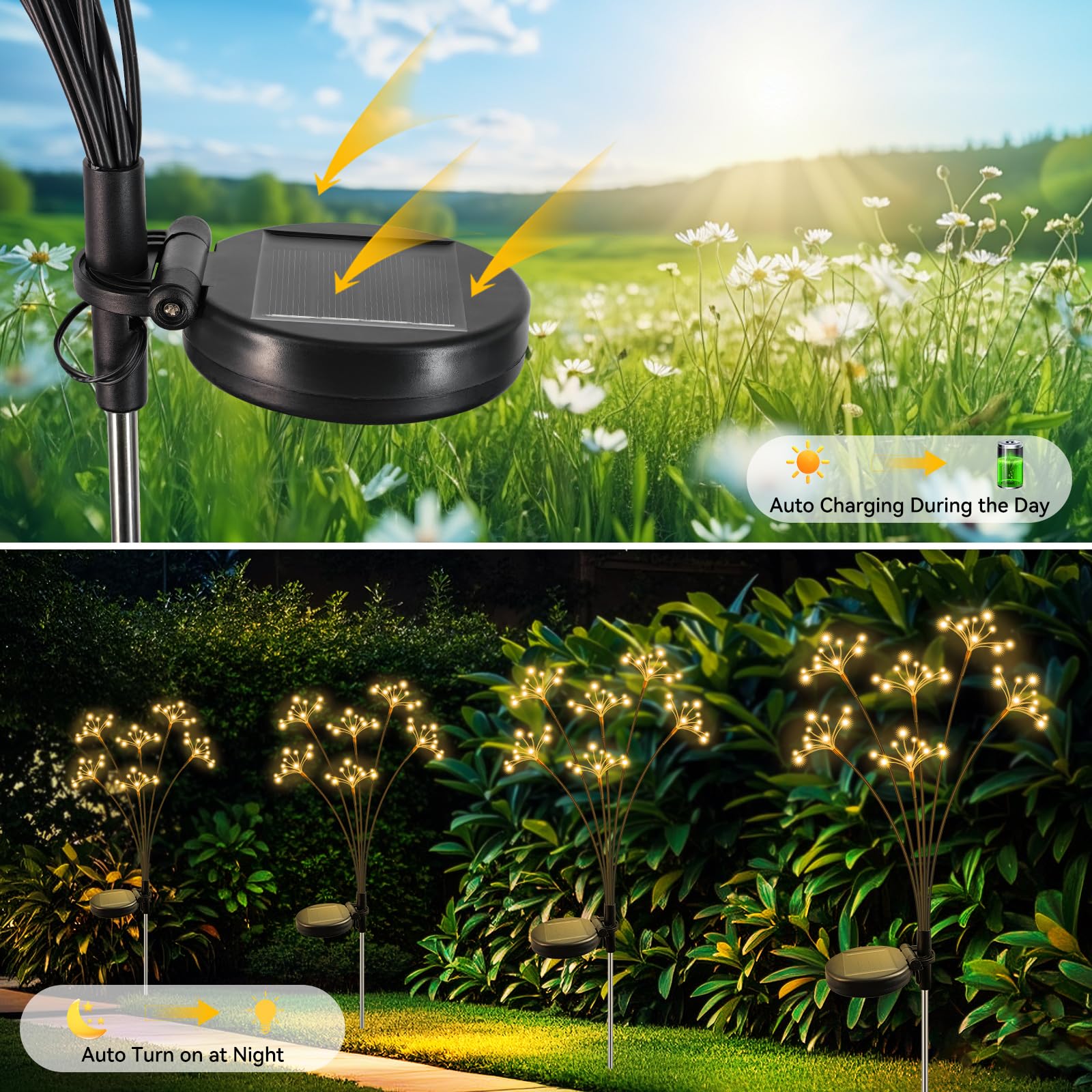 Jjgoo Solar Garden Lights, 2 Pack Waterproof Solar Swaying Starburst Light, Solar Outdoor Lights, Solar Garden Decor Fireworks For Yard Patio Pathway, Warm White