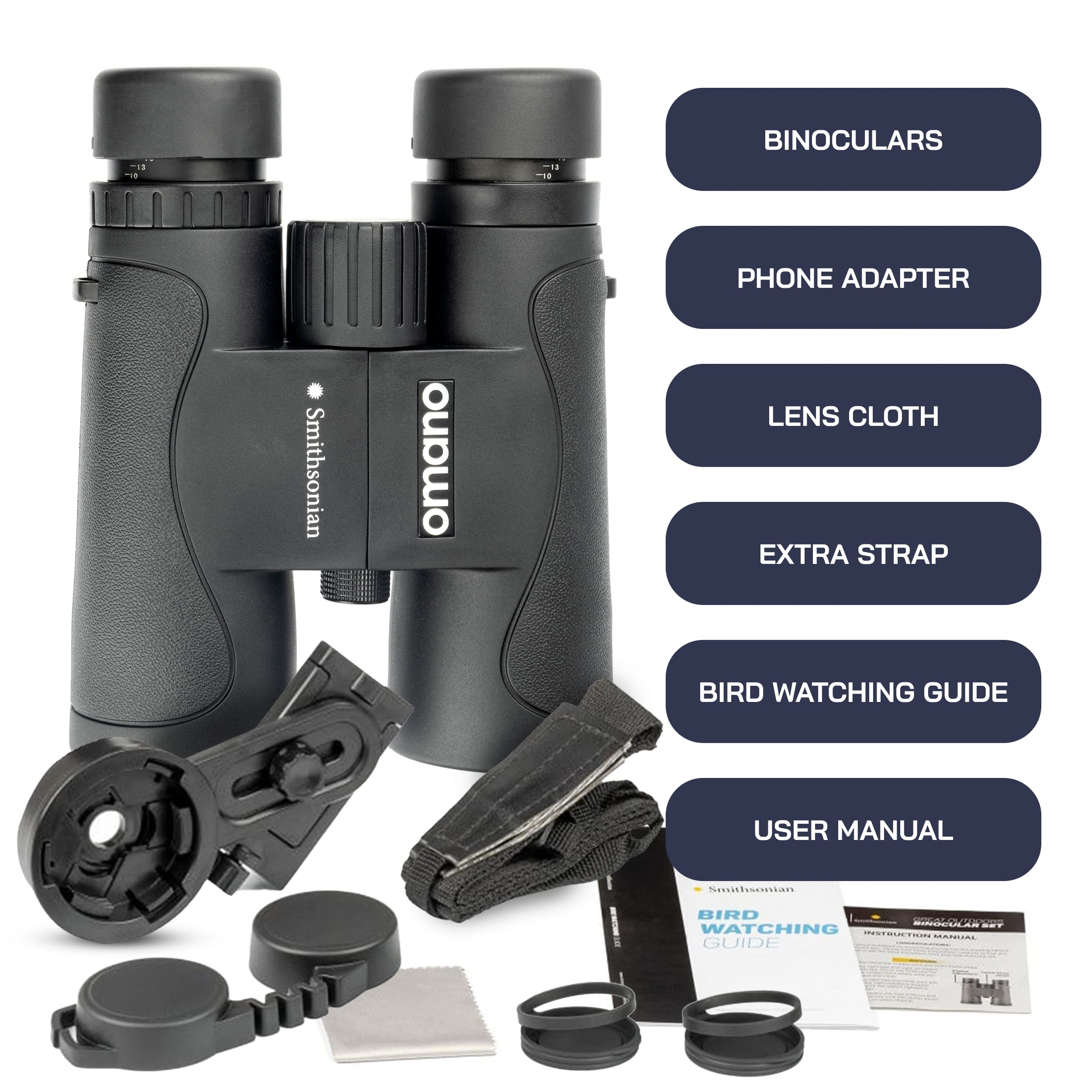 Omano Smithsonian Adult Birding Binoculars - 10X42, Phone Adapter, Diopter Adjustable - Ideal For Hiking, Travel - Includes Bird Watching Guide