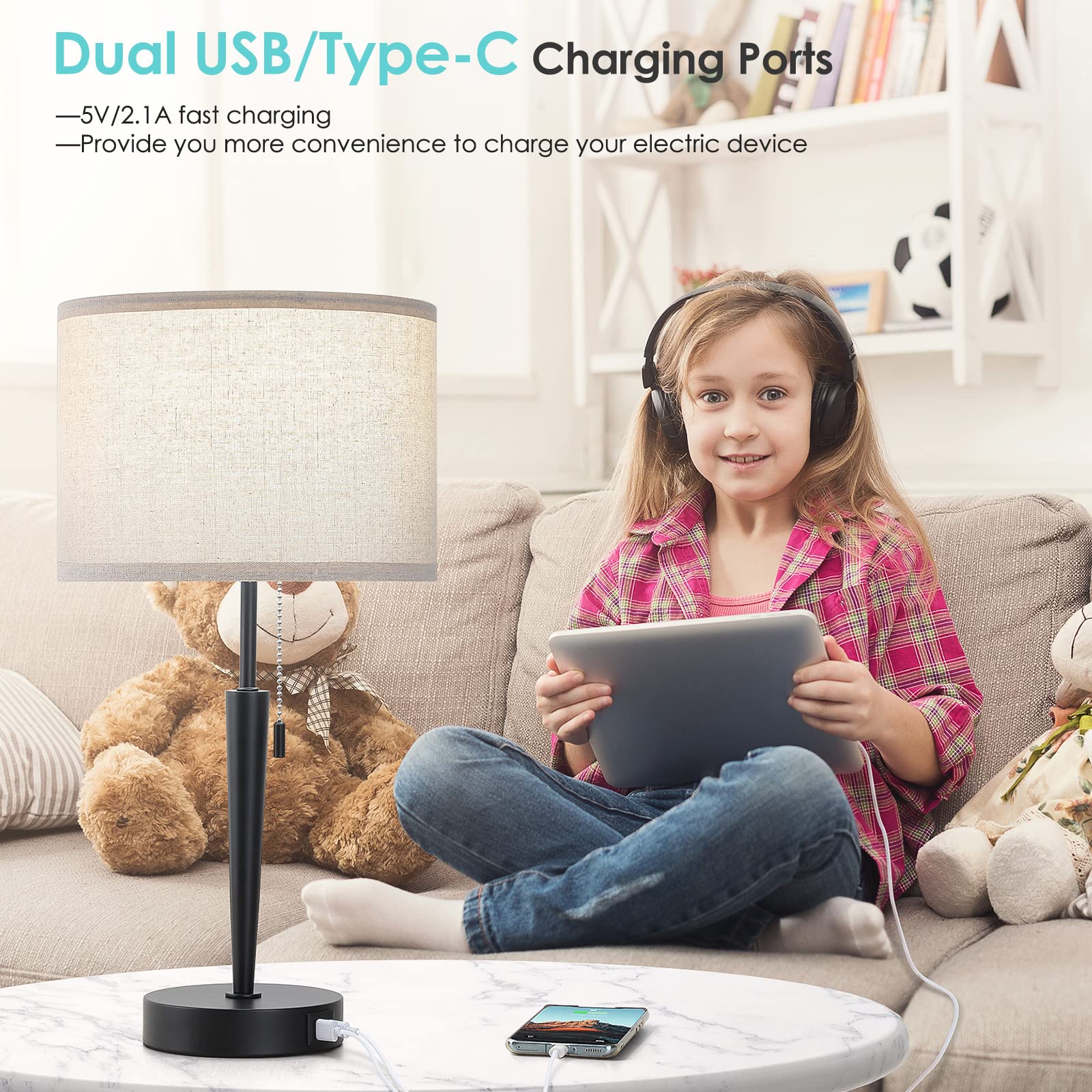 Ggoying Set Of 2 Bedside Table Lamp, Pull Chain Nightstand Lamps With Usb C Charging Ports, 5000K Led Bulb, Round Fabric Linen Lampshade For Livingroom,Bedroom,Home