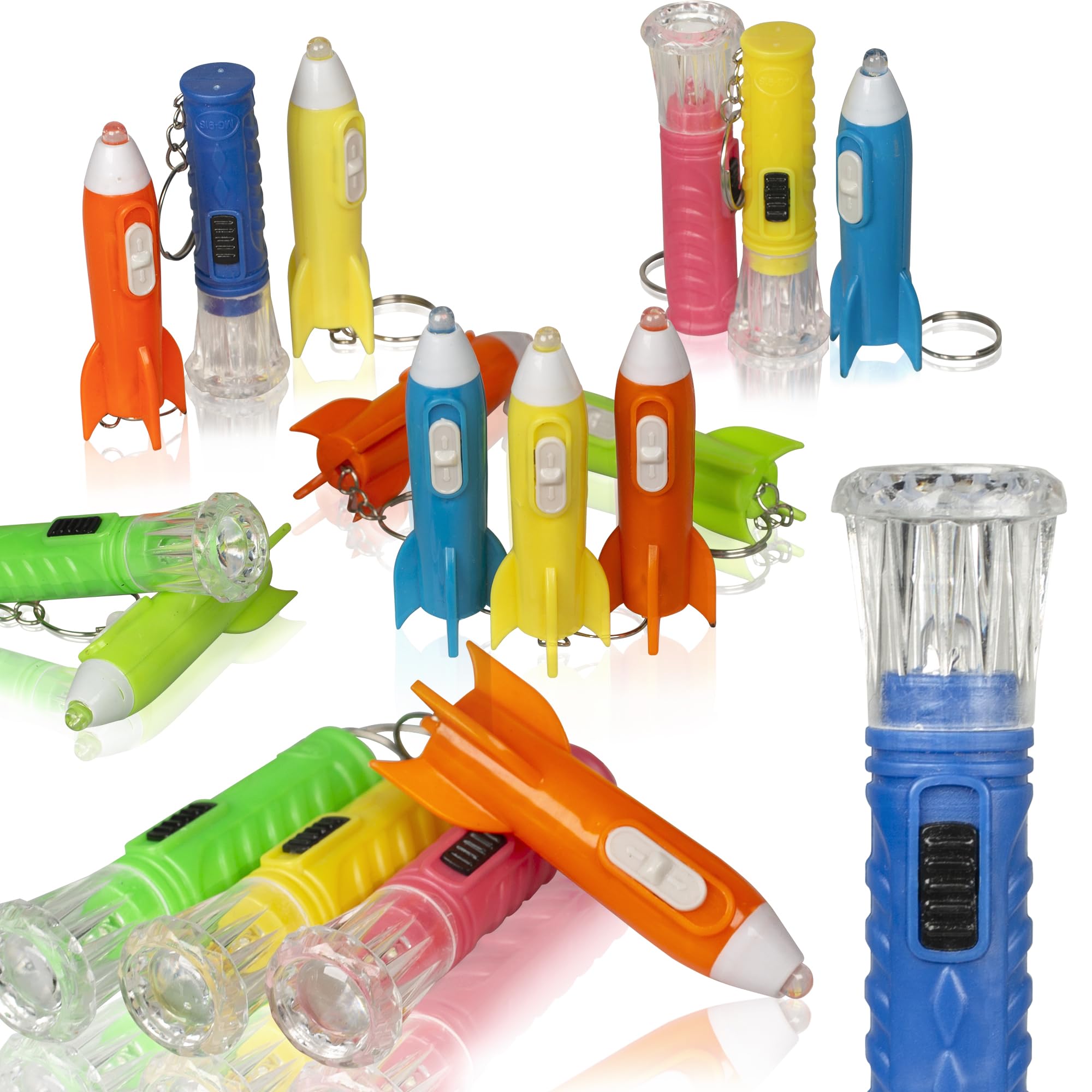 Proloso 100Pcs Mini Flashlights For Camping Hiking Cute Rocket Torch Keychains Assorted Miniature Lights Keyrings Kids Space Themed Astronaut Glow In The Dark Party Favors Goody Bag Fillers