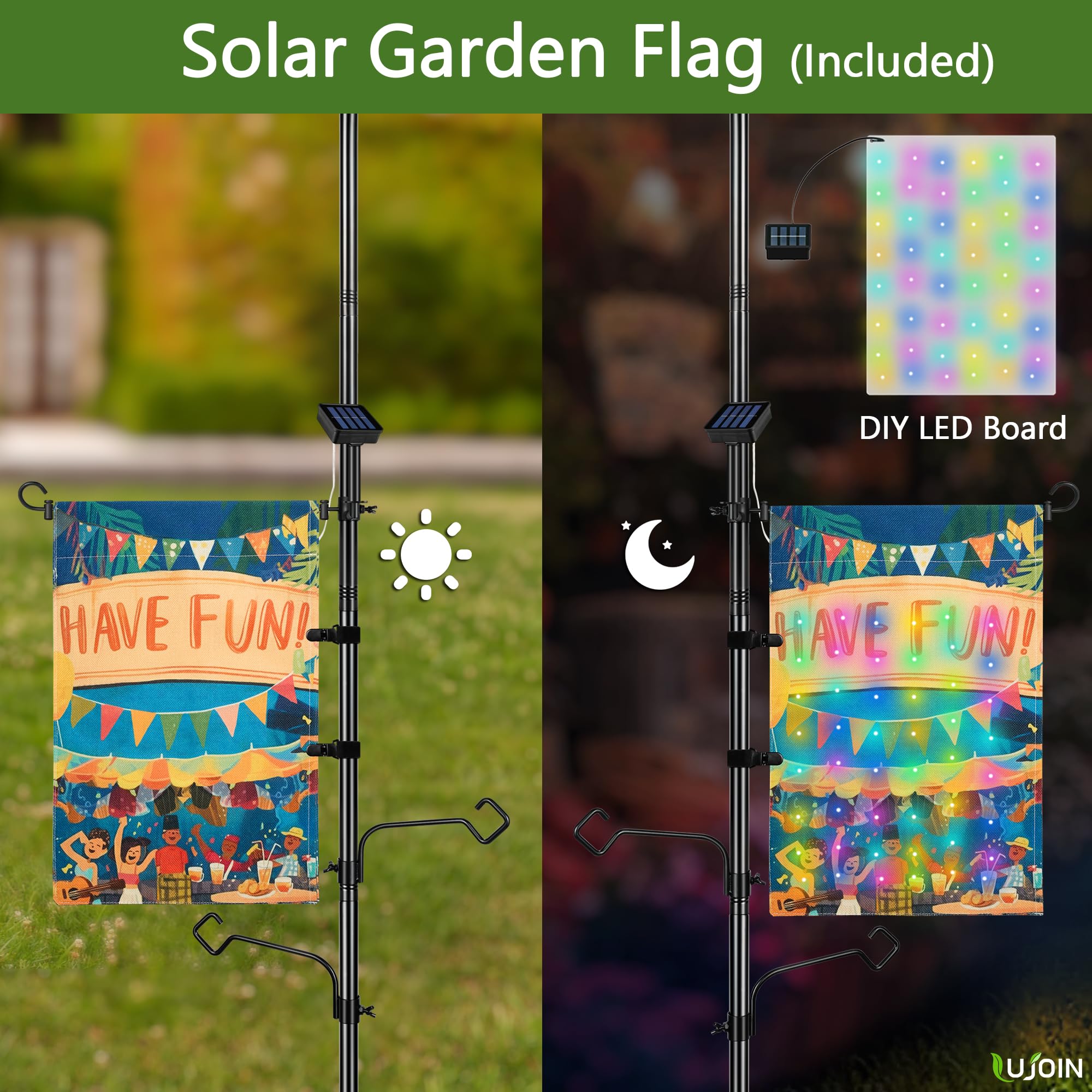 Lujoin 3-In-1 String Light Pole For Outside (2 Pack), Each Pack Includes 2 Hooks, 1 Solar Led Light Board & 1 Party Flag, Heavy Duty Stand For Deck, Patio, Backyard, Wedding