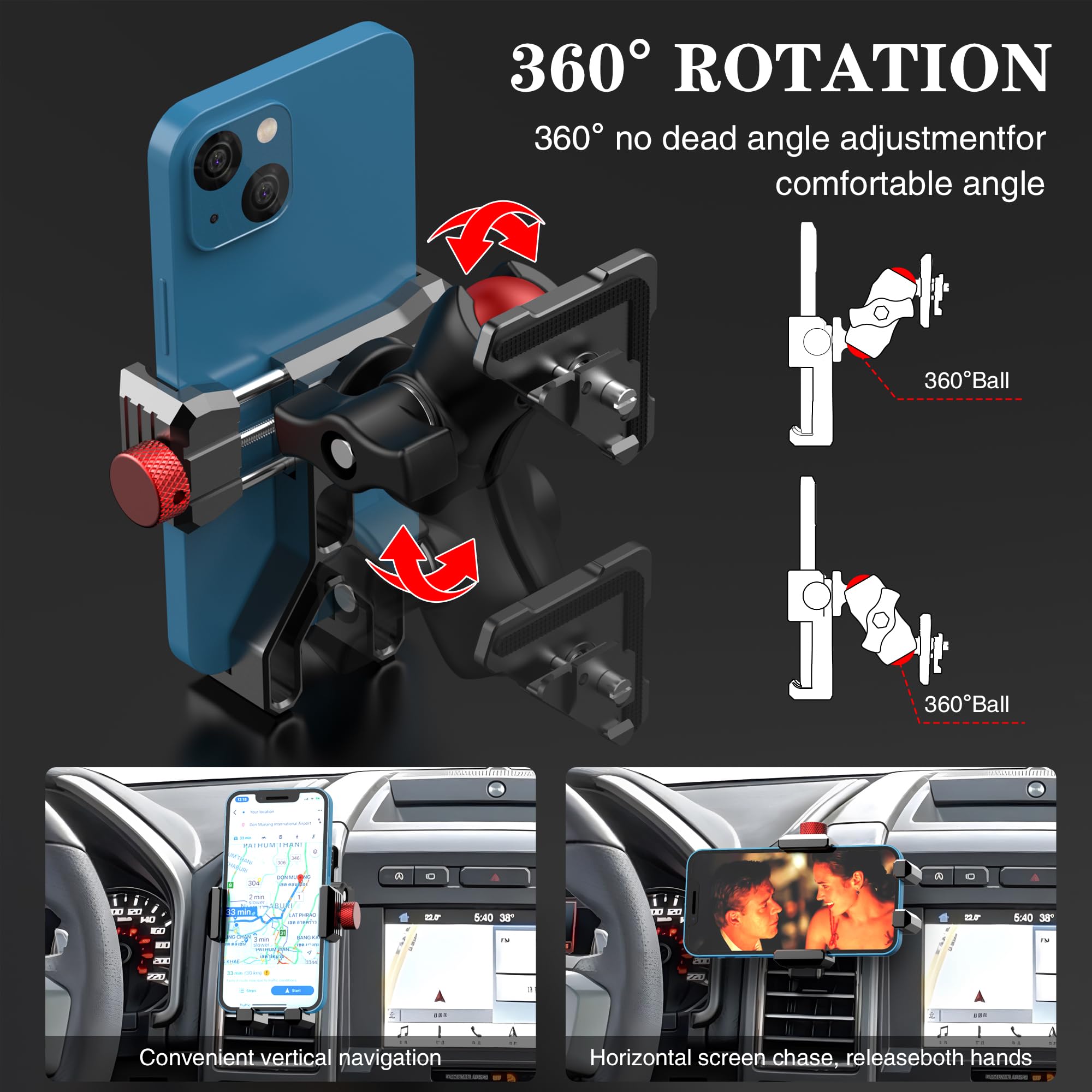 Koqeiey Aluminum Phone Mount For Ford F-150 2015-2020, Expedition 2018-, Super Duty 2017-, F150 Vent Cell Phone Holder With 360° Rotation Ball Head Adapter Compatible With Iphone & Android
