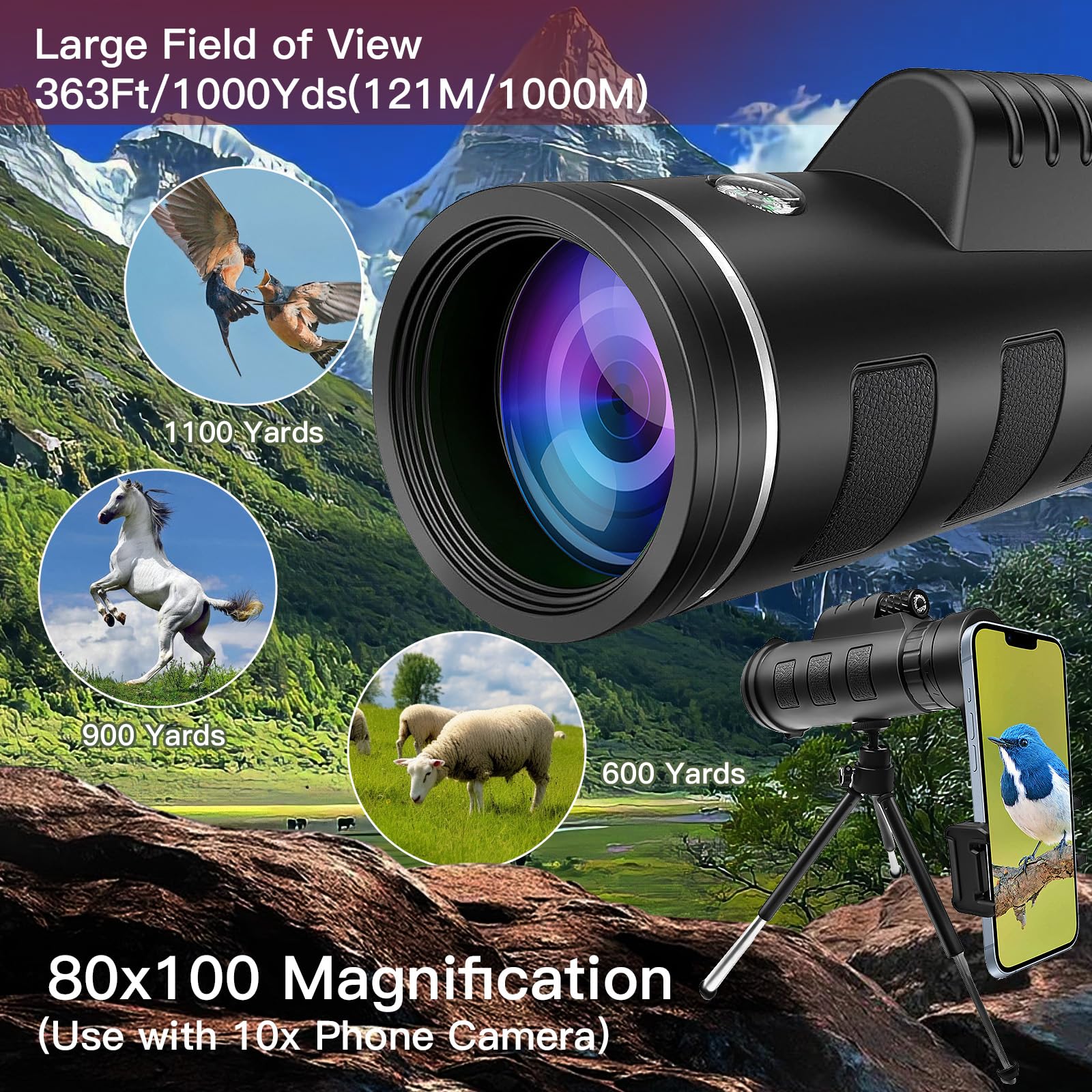 Yatime Monocular Telescope,80X100 Hd High Powered Monoculars For Adults With Smartphone Adapter Tripod,Monocular For Hunting Wildlife Bird Watching Travel Camping Hiking,Bak4 Prism Fmc Lens,Waterproof