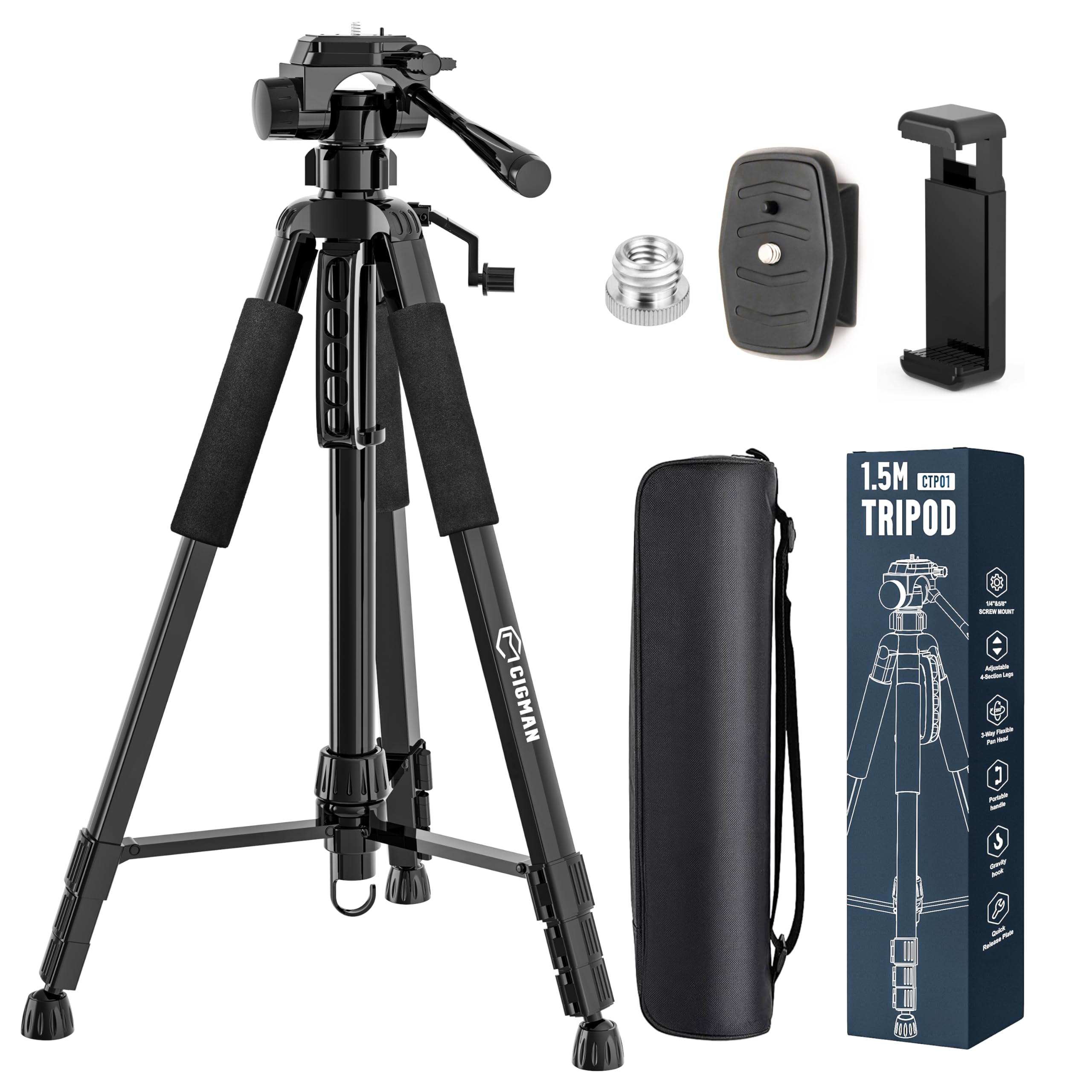 Cigman 59-Inch Lightweight Adjustable Laser Level Tripod With 3-Way Swivel Pan Head, Bubble Level, Phone Holder, Quick Release Plate With 1/4" Screw Mount & 5/8" Unf Adapter Nut, Camera & Phone Tripod