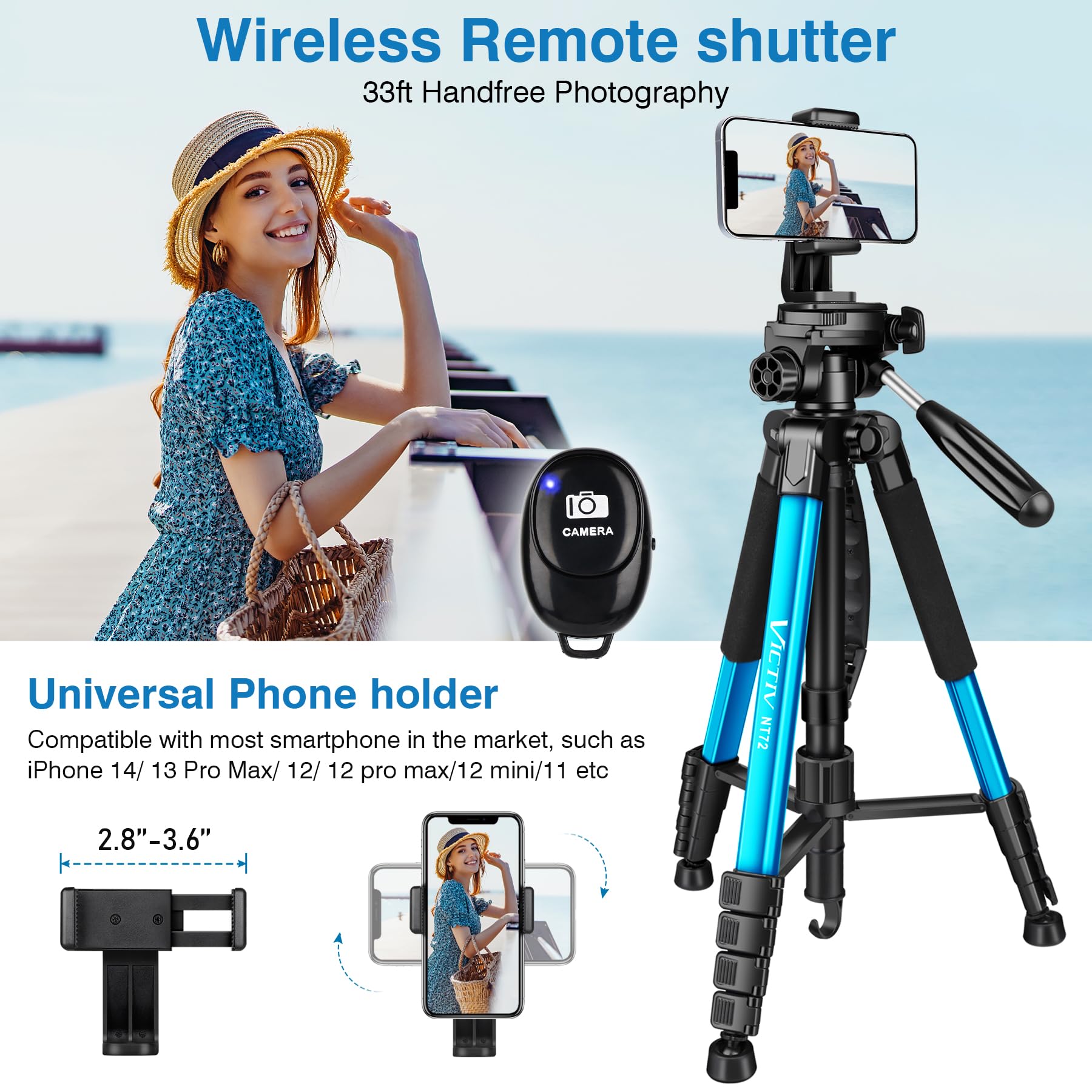 Victiv 72 Inch Camera Tripod, Tall Tripod For Camera Cell Phone, Heavy Duty Camera Tripod Stand, Professional Aluminum Monopod, Compatible With Canon Nikon Sony Dslr Cameras - Blue