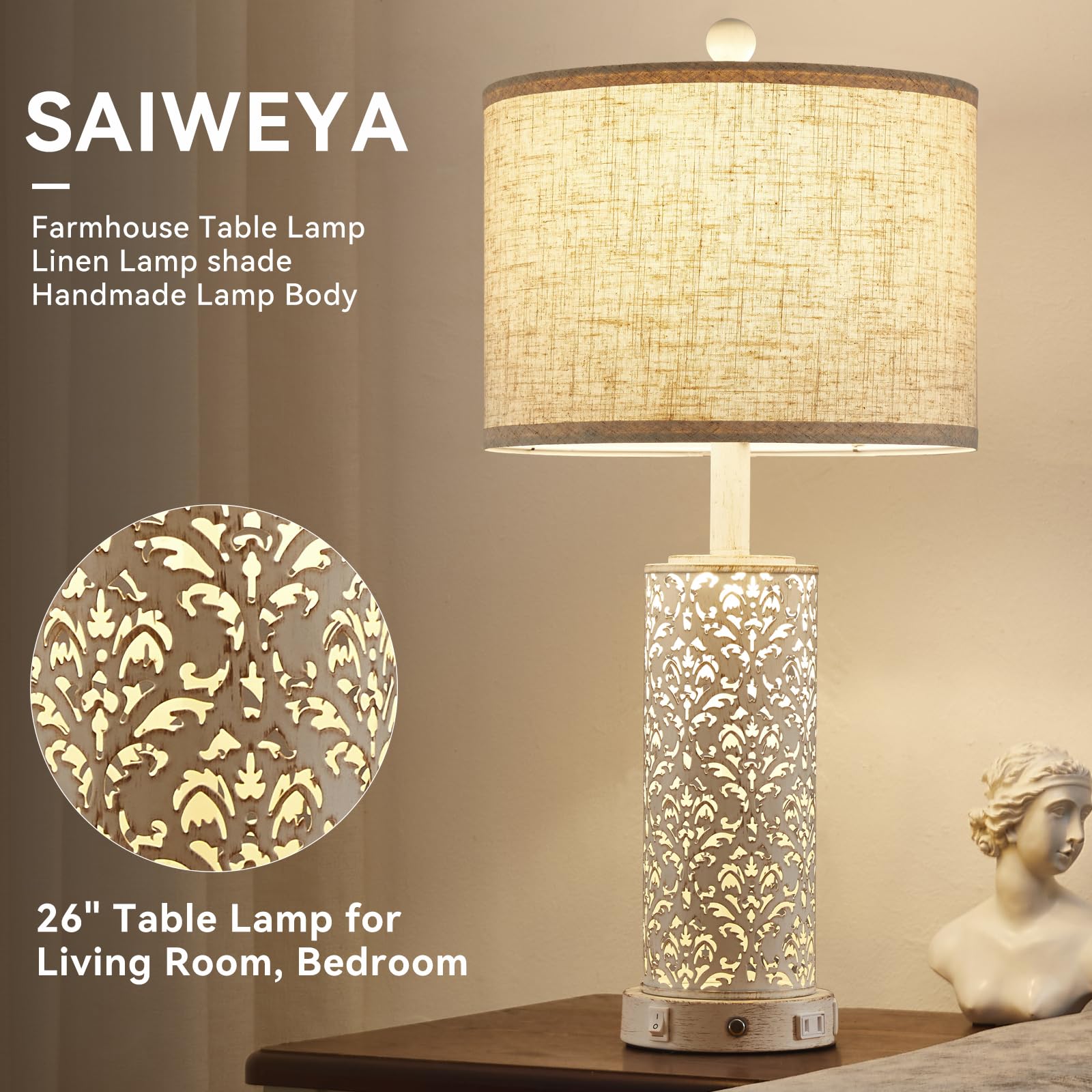 Saiweya 26" Set Of 2 Farmhouse Table Lamp, 3-Way Dimmable Touch Control With Nightlight, 2 Usb Ports + Ac Outlet Vintage Rustic Bedside Lamp For Living Room Bedroom And Nightstand (White-2 Pack)