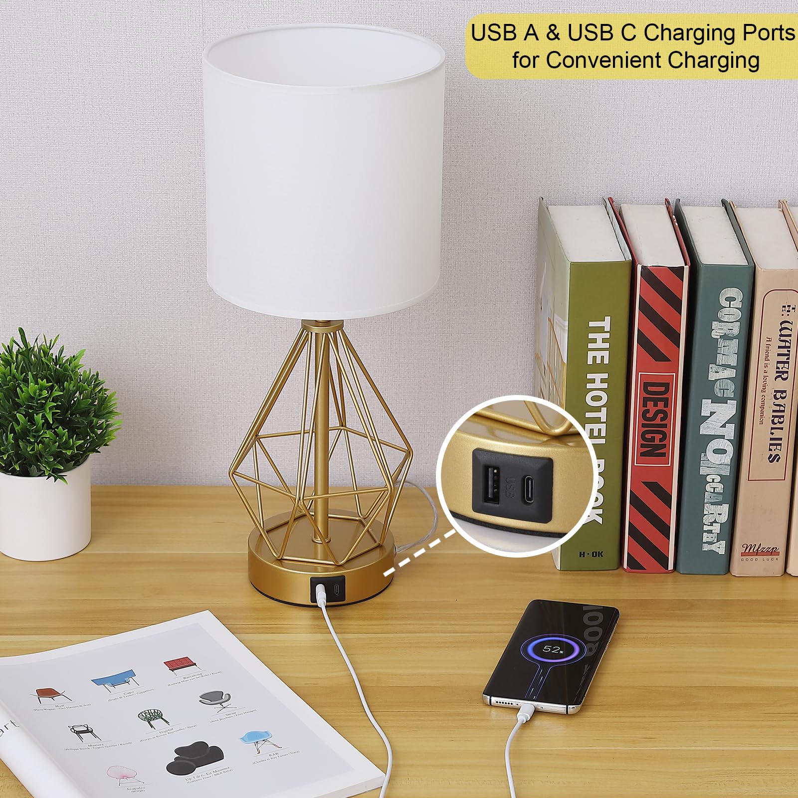 Sheenkarion Modern Touch Control Small Gold Table Lamp,Dimmable Bedroom Bedside Nightstand Lamp With Usb C+A Charging Port,Living Room Office Desk Lamp With White Fabric Shade(Bulb Included)