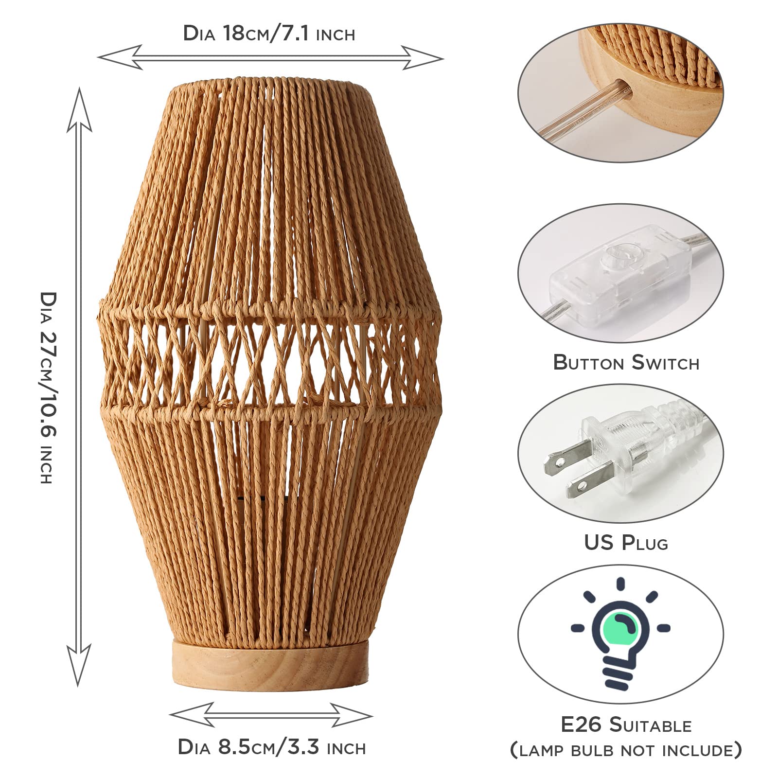 Legelite Boho Rattan Table Lamps, Handmade Woven Bedside Lamp, Small Desktop Nightstand Lamp For Kids Room,Living Romm,Bedroom,Dorm Decor (2 Pack)