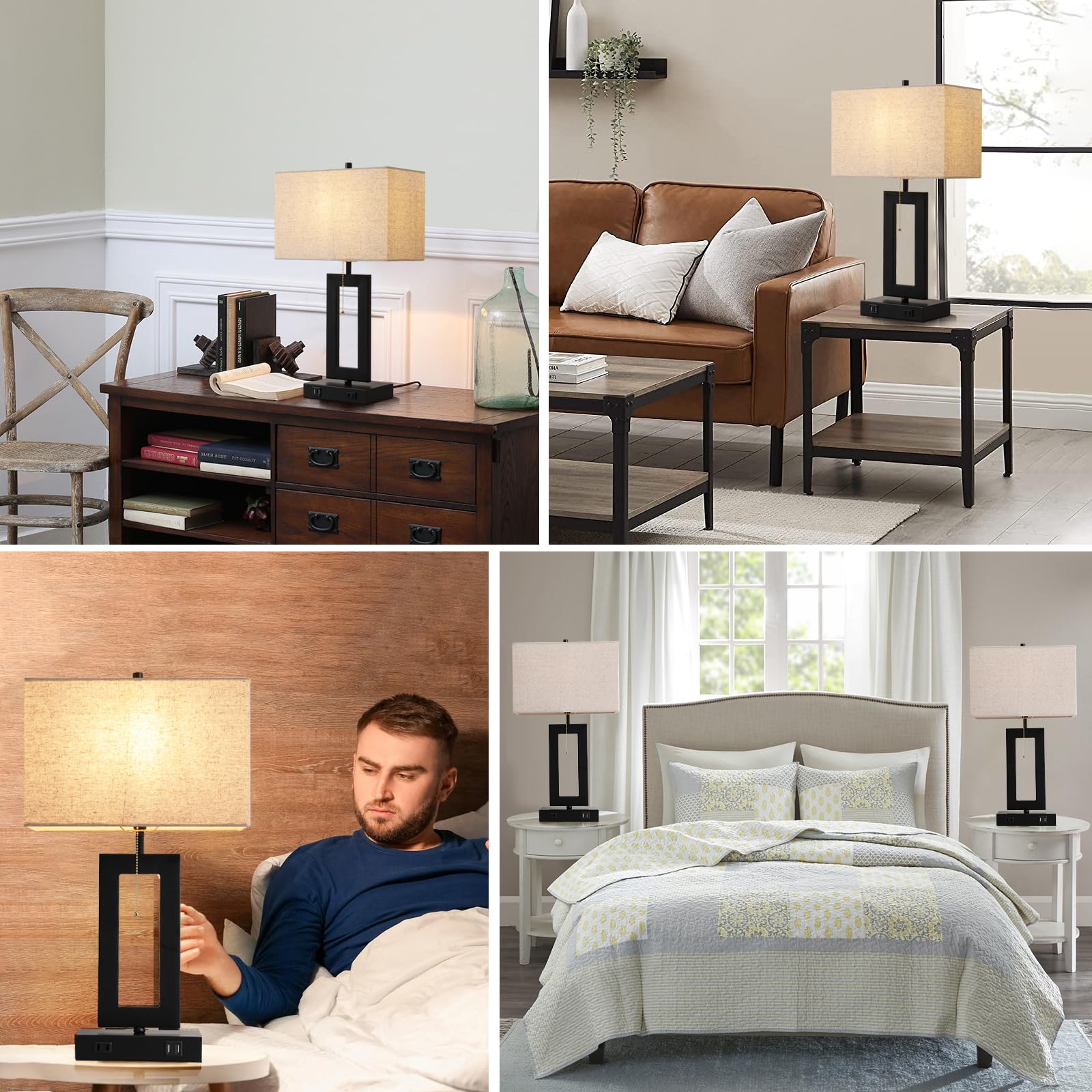 Ibbibabo Set Of 2 Table Lamps With 2 Usb Ports&Ac Outlet, 22.5” Black Industrial Bedroom Bedside Lamps, Modern Nightstand Lamps For End Table Living Room Office Home, Cream Fabric Lampshade&Pull Chain