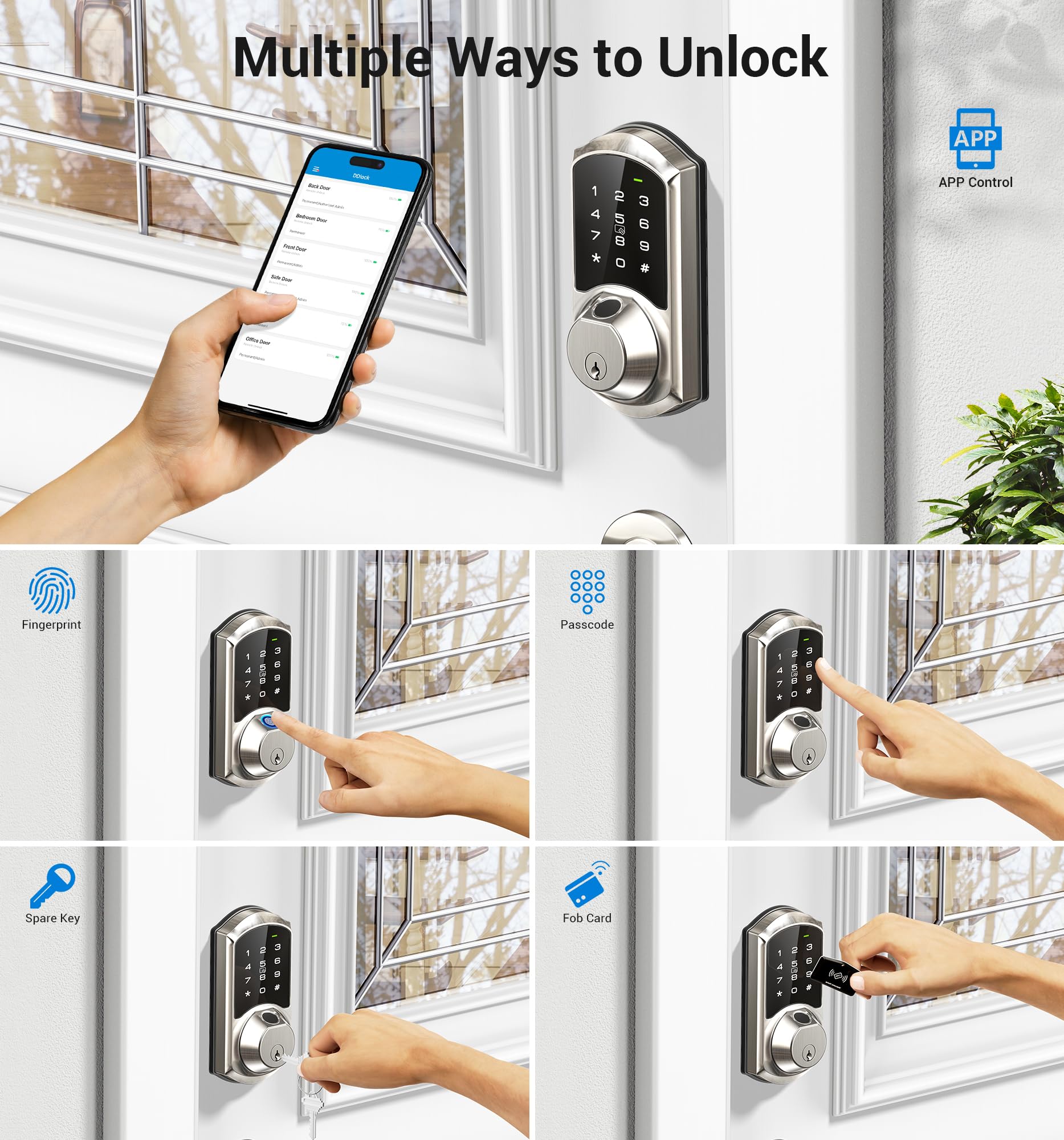 Veise Ve07 Fingerprint Smart Lock For Front Door, 7-In-1 Keyless Entry Deadbolt With App Control, Electronic Digital Locks With Touchscreen Keypad, Auto Lock, Easy Install, Waterproof, Satin Nickel