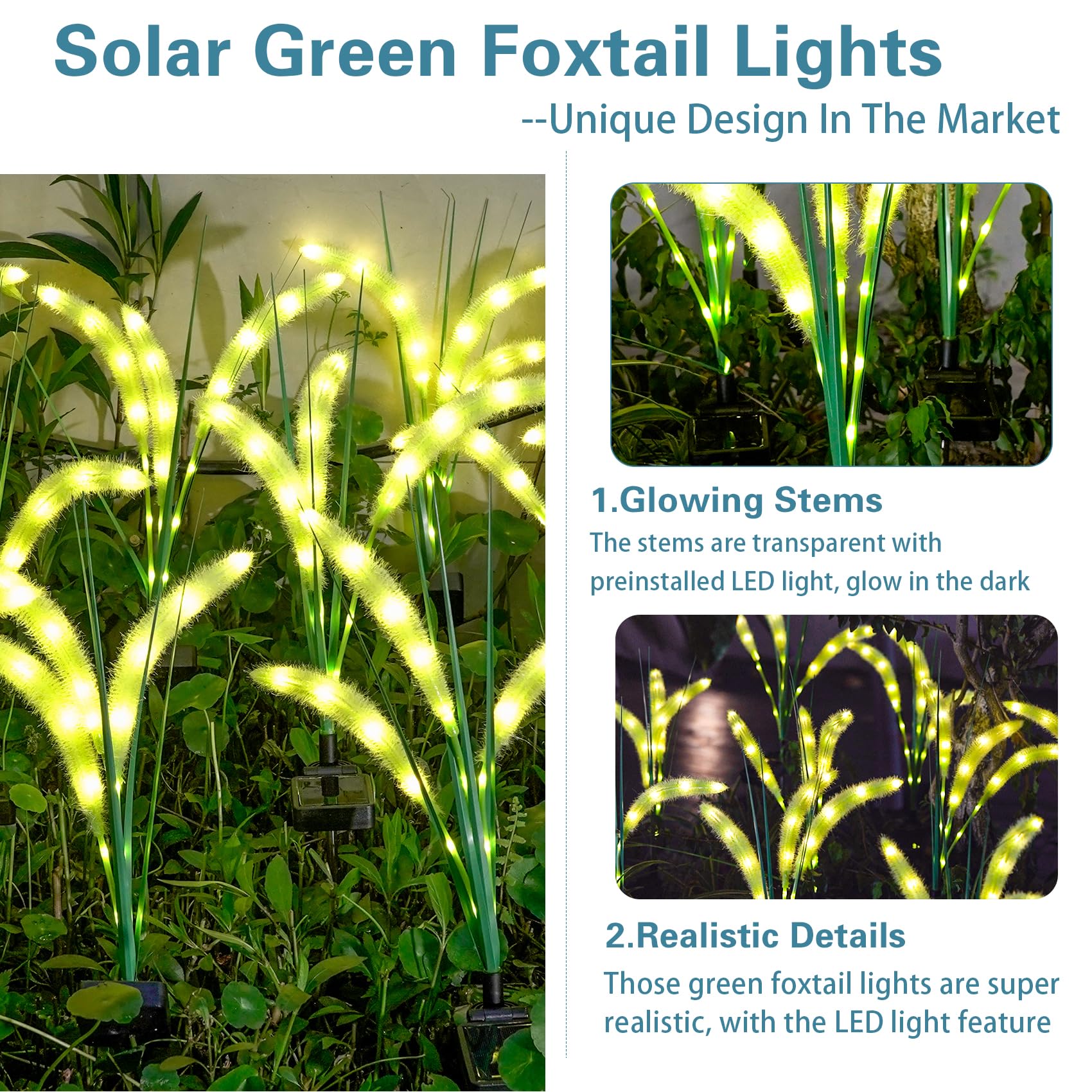 Dooyard Solar Garden Lights, Solar Green Foxtail Lights, Solar Lights Outdoor With Glowing Stems, Solar Lights Outside For Garden Decoration, Yard Decor And Gift For Mother (2 Pack)