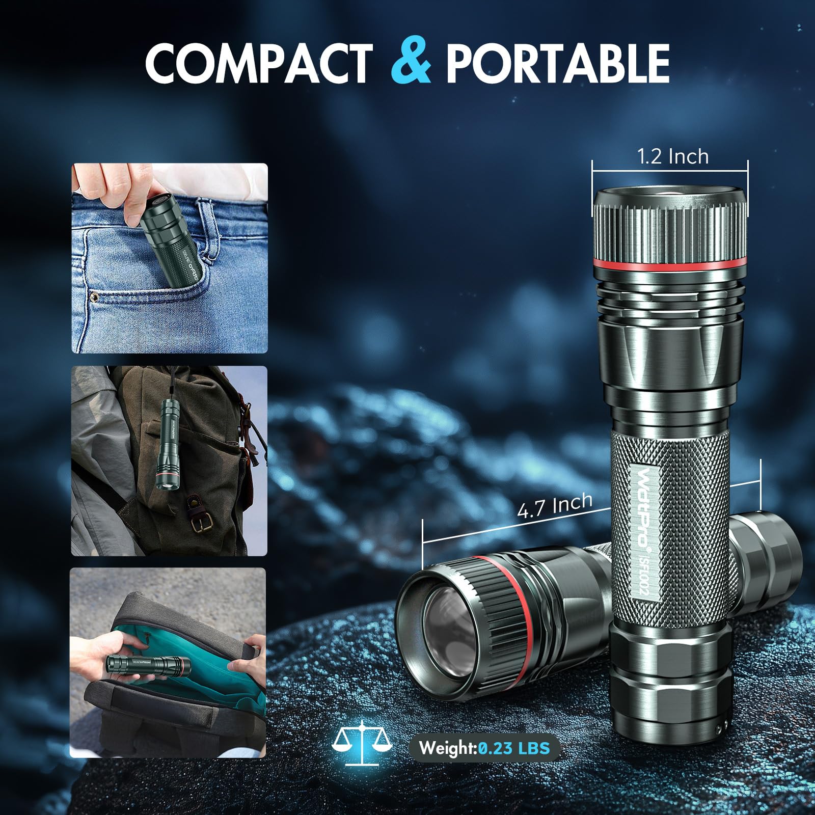 Wdtpro Rechargeable Flashlights High Lumens, 2 Pack Super Bright Led Small Utility Edc Flashlight With 10H Runtime, Portable Flash Light For Camping, Home, Emergency Essentials Grey(Battery Included)
