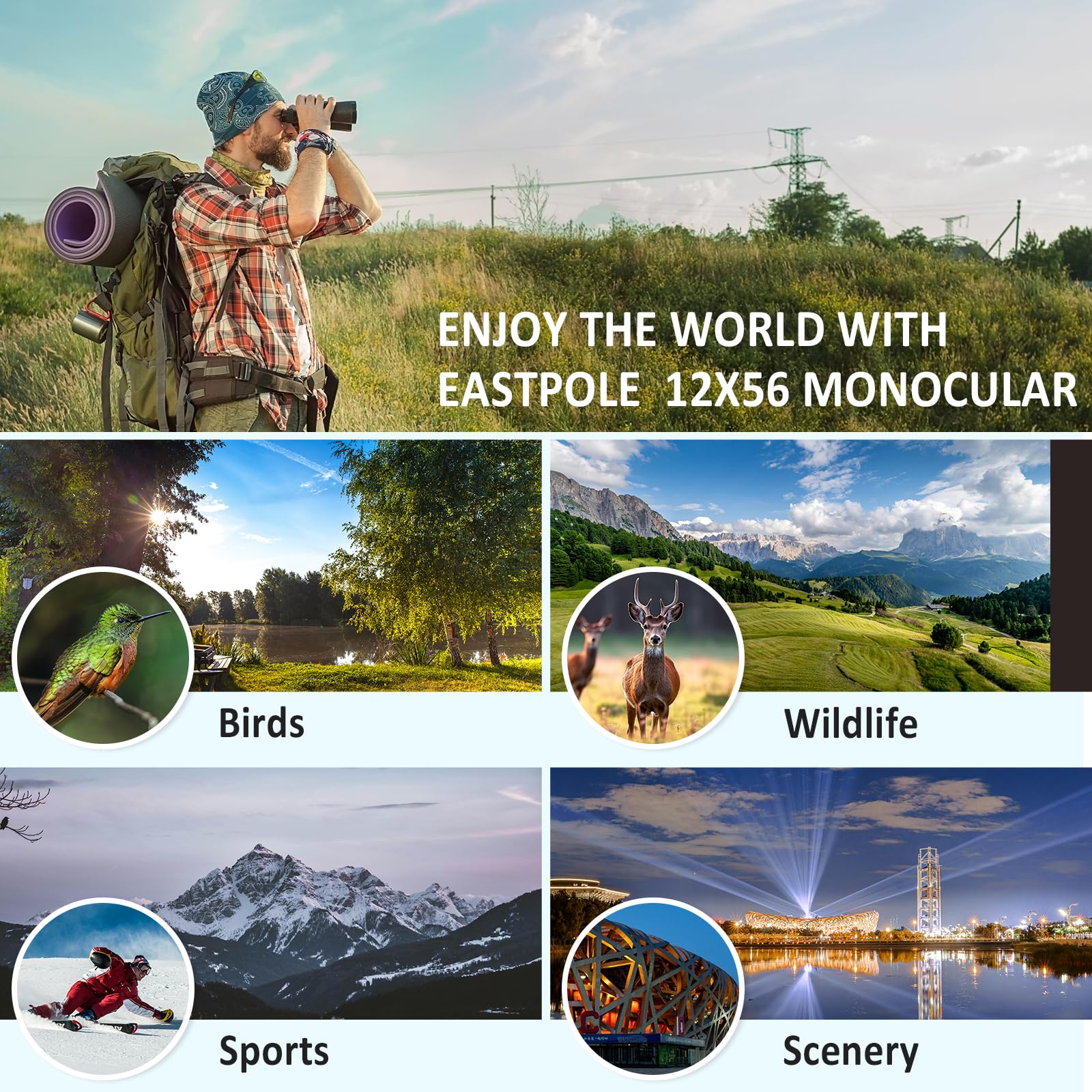 Celticbird Monocular 12X56 High Power Monocular Telescope For Adults With Smartphone Adapter, Fmc Lens & Bak4 Prism, For Bird Watching, Hunting, Hiking, Camping And Concerts(Grey)
