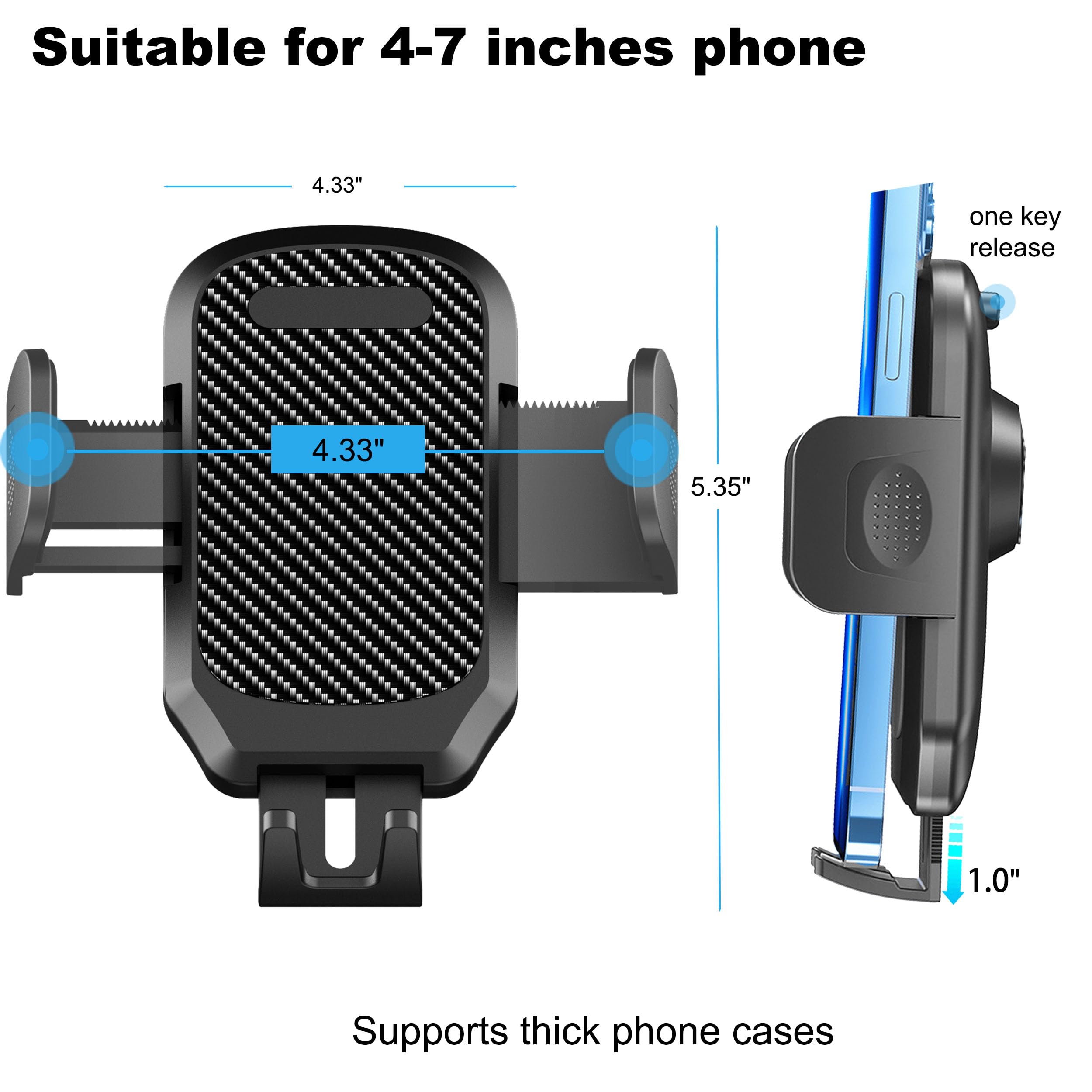 Quyee Phone Holder Car, Rear View Mirror Phone Holder - Aluminum Alloy Mount Multi-Angle Adjustment Rotatable And Retractable Compatible With All 4-7 Inch Iphone And Android Cell Phones