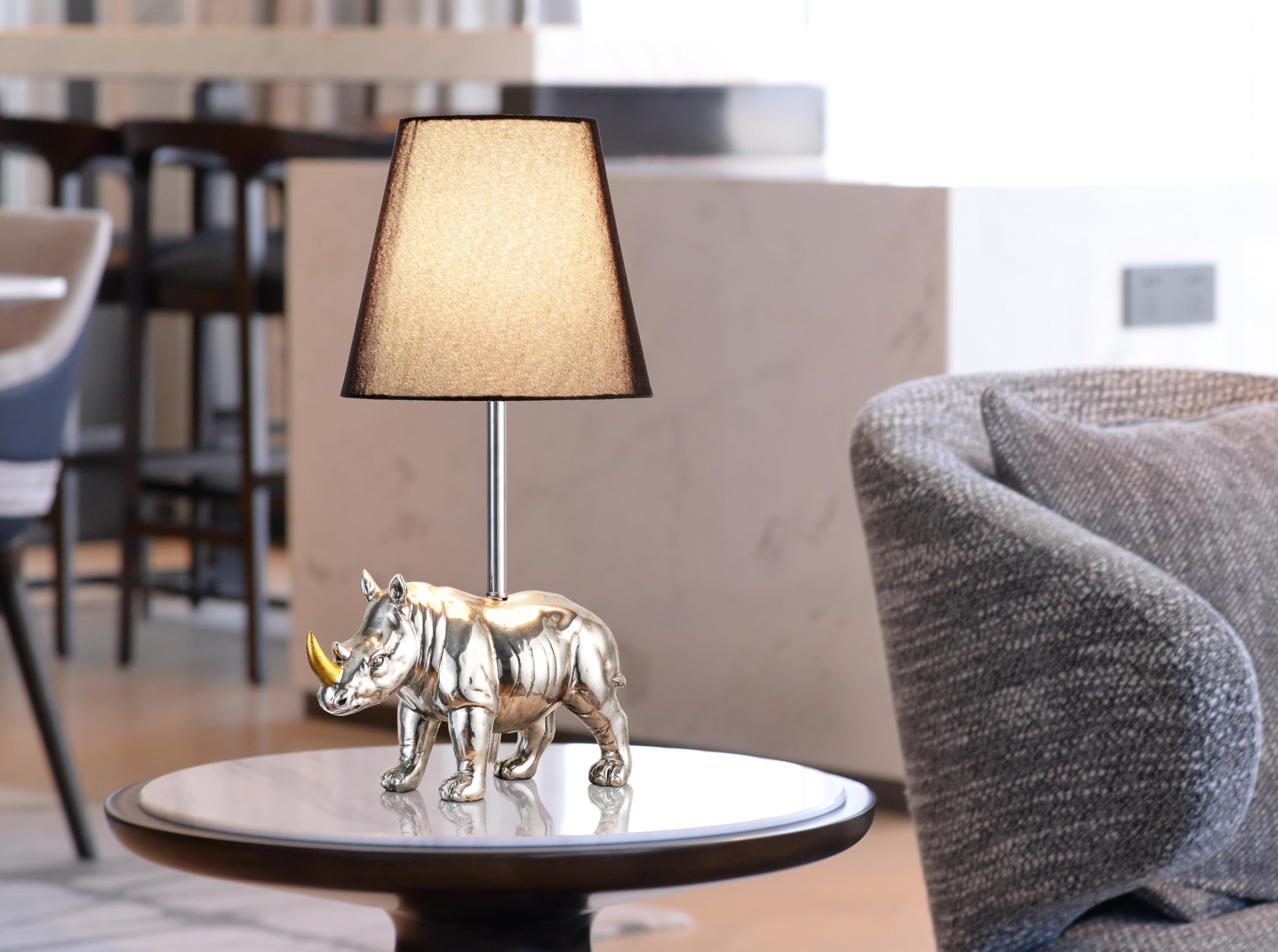 Jjdqb 3-Way Dimmable Bedside Table Lamp With Usb C & A Charging Ports – Rhino Statue Nightstand Desk Lamp With Linen Shade For Bedroom, Living Room, Office And Dorm Lighting, Rj-24266
