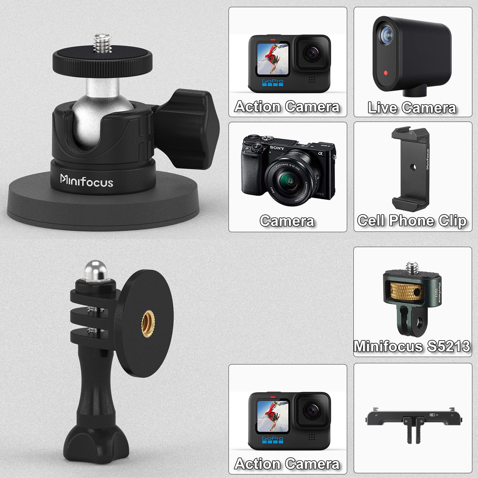 Minifocus Magnetic Camera Mount For Gopro, Magnet Mount Base Stand With 360° Rotation Ball Head For Gopro Hero, Dji Osmo, Akaso, Insta360 And More, Attaches To Steel Or Other Magnetic Surfaces