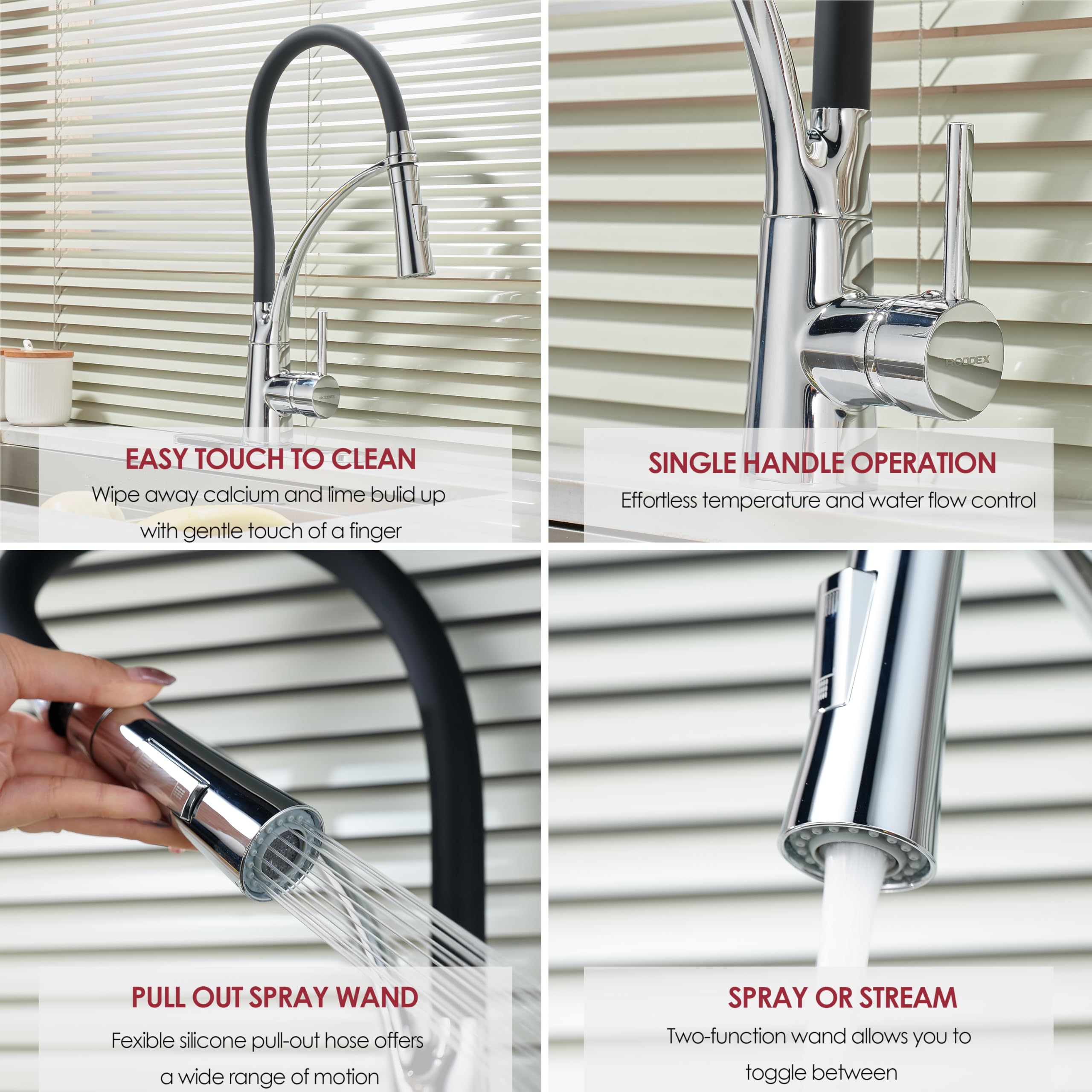 Roddex Pullout Kitchen Faucet Flexible Silicone Sprayer Single Handle Pull Down Brass Gooseneck Kitchen Sink Faucet Modern High Arc Faucet, Polished Chrome W/Black Rubber Pull Out Spout Hose