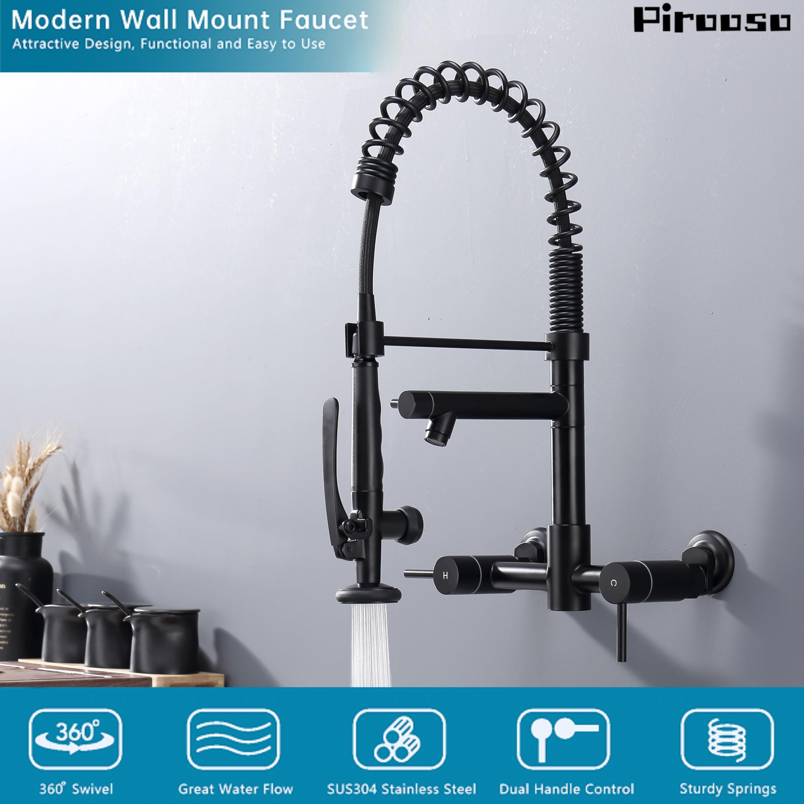 Pirooso Commercial Wall Mount Kitchen Faucet With Pre-Rinse Sprayer & Pot Filler - 8-Inch Center High Arc Spring Faucet With Two Handles - Modern Black Finish For Kitchen Sinks
