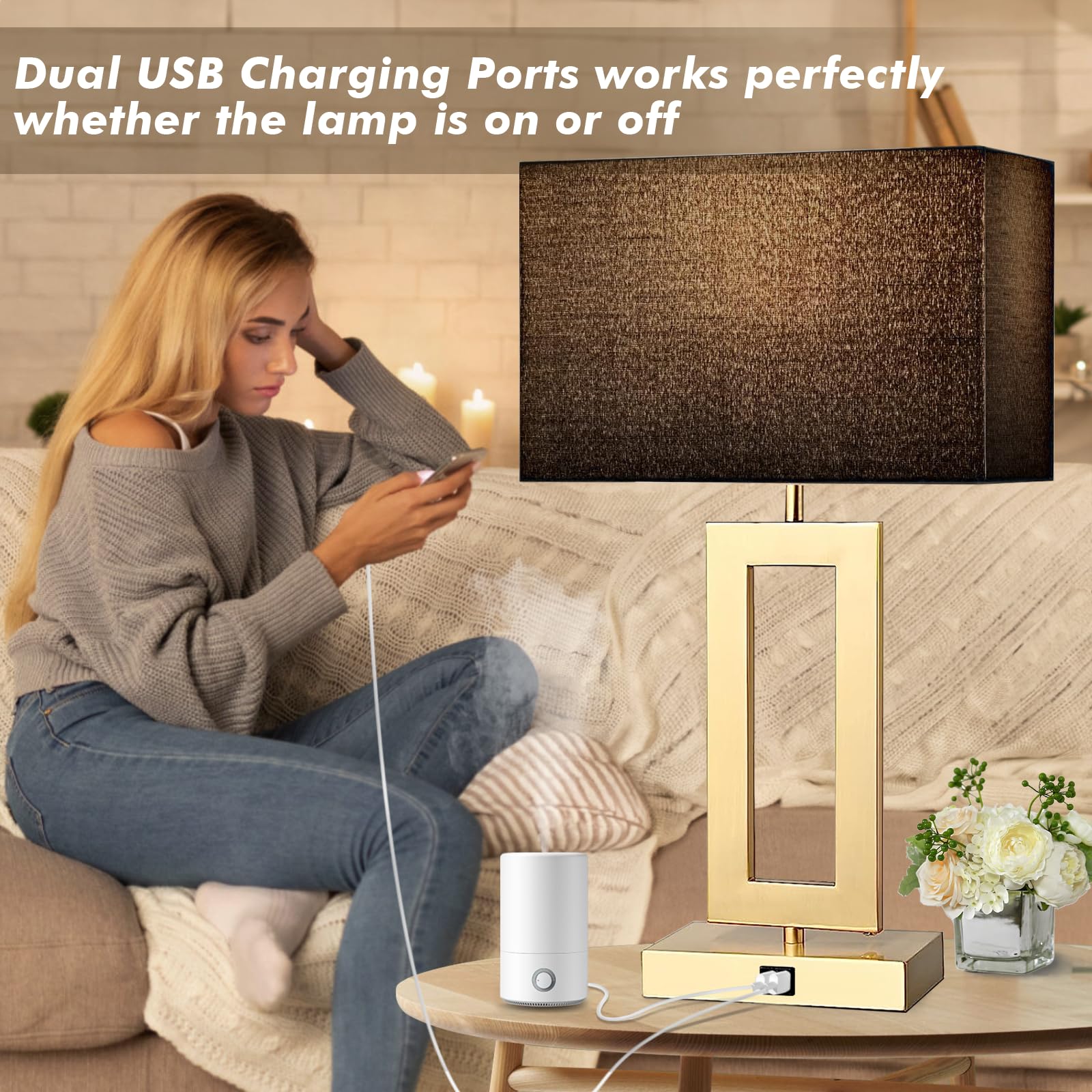 Gernehop Black Table Lamps Set Of 2 With Dual Usb Ports,3-Way Dimmable Touch Control Bedside Lamps,22Inch Tall Modern Bedroom Table Lamp For Living Room,Nightstand Led Bulbs Included